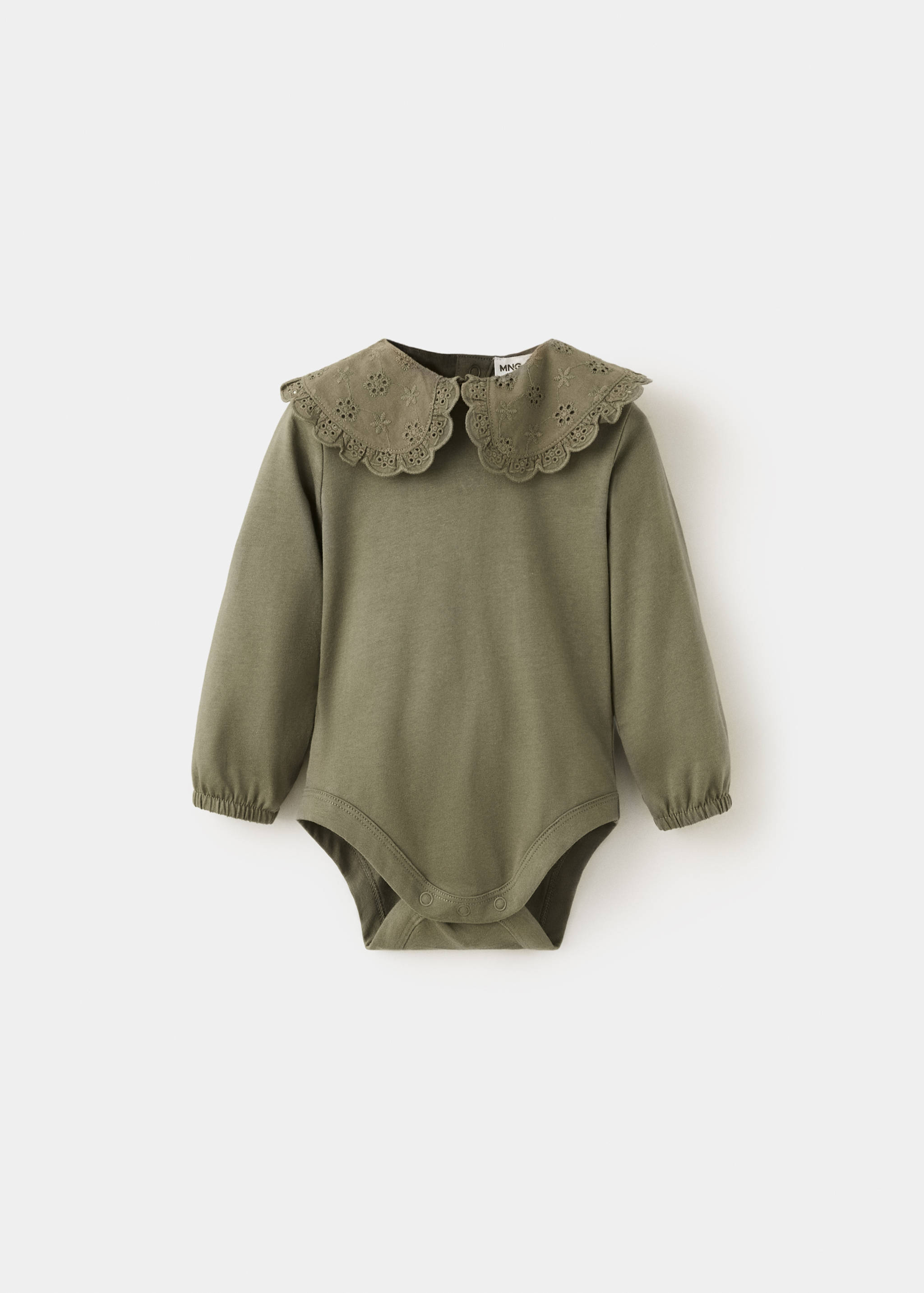 Olive green long-sleeved baby body with embroidered eyelet collar.