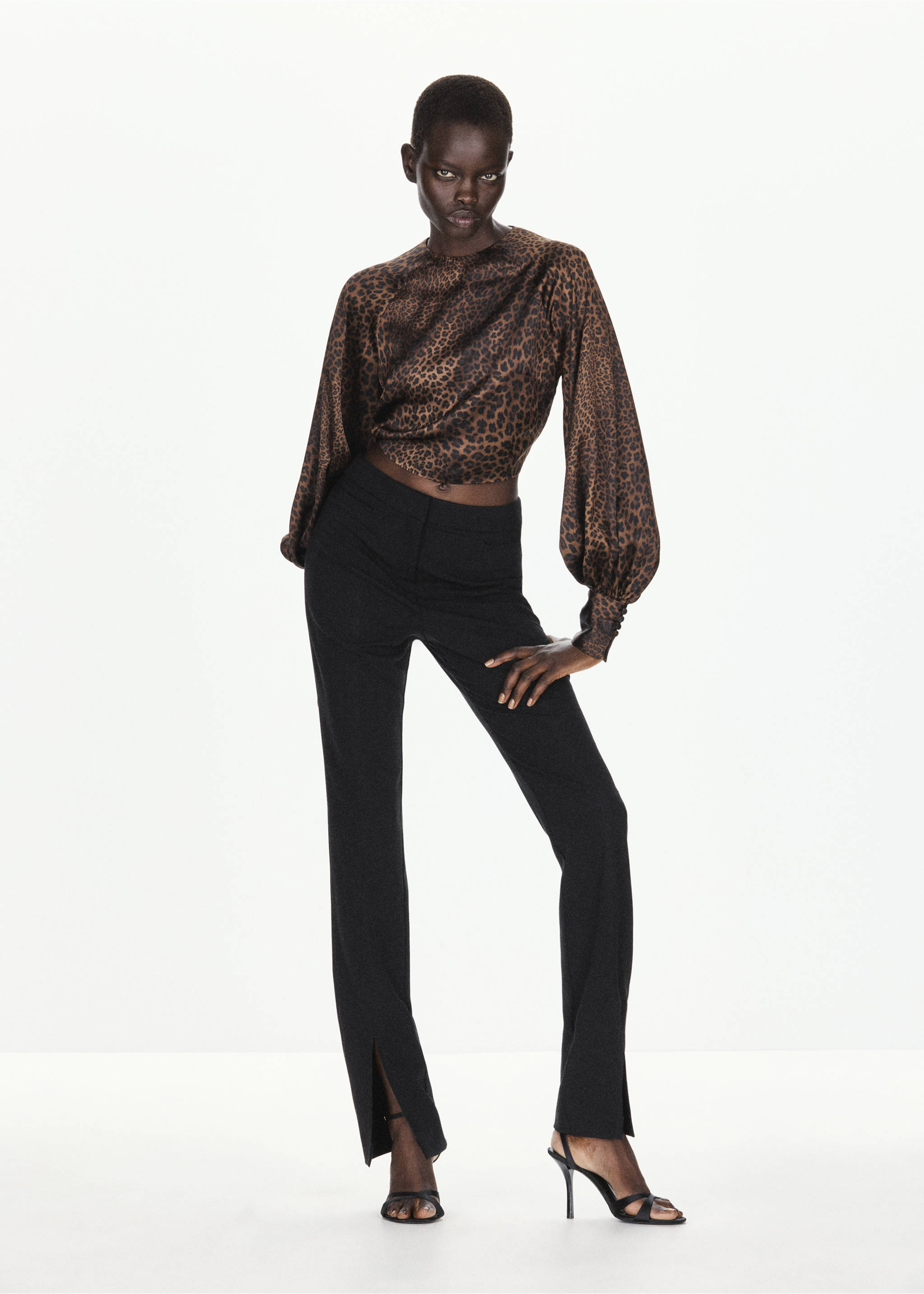 Leopard print cropped blouse with long balloon sleeves, worn with black trousers., Brown. Ref: 37027940-00.