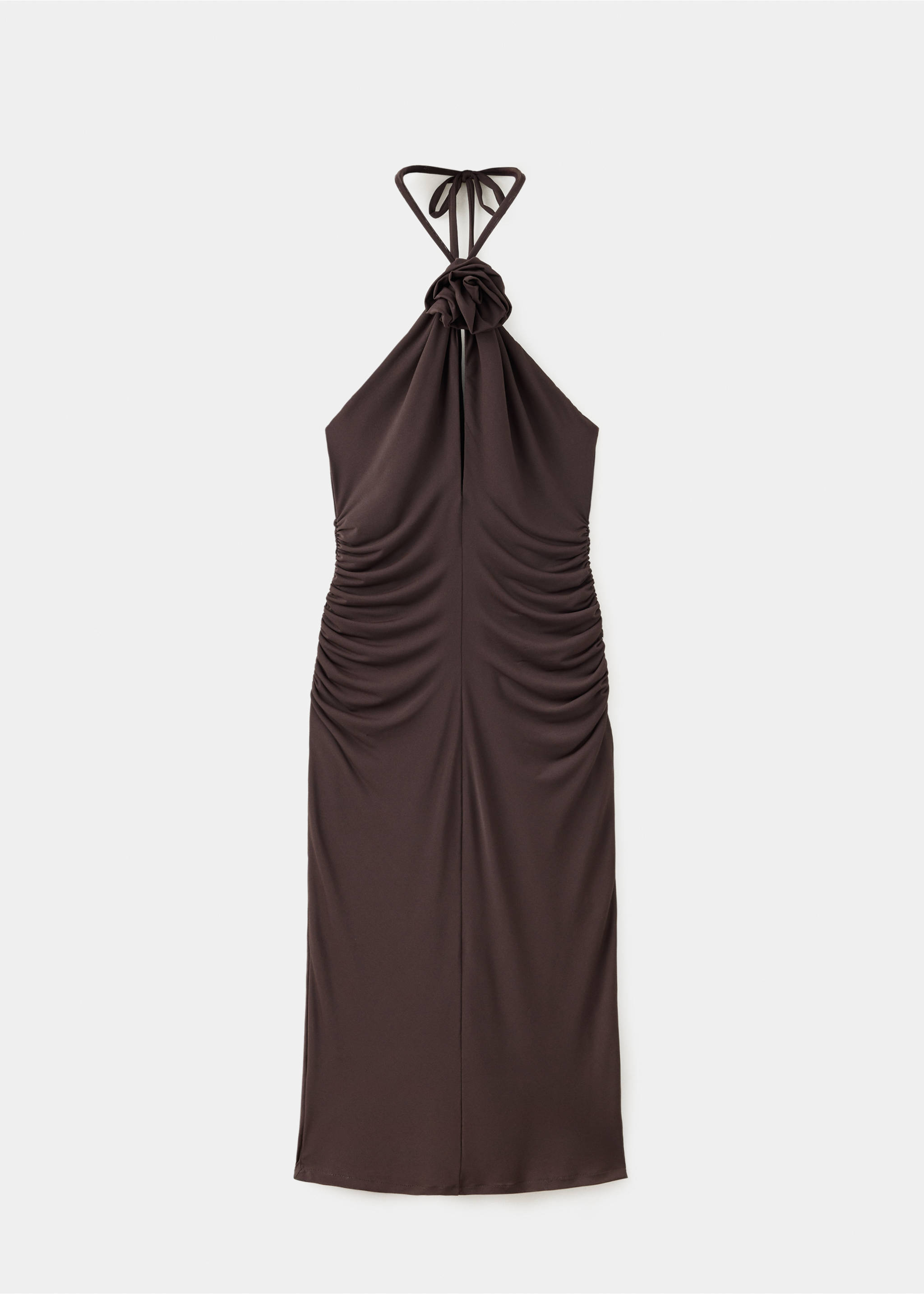 Dark brown halter midi dress with ruched sides and a front floral knot detail., Brown. Ref: 37027941-00.
