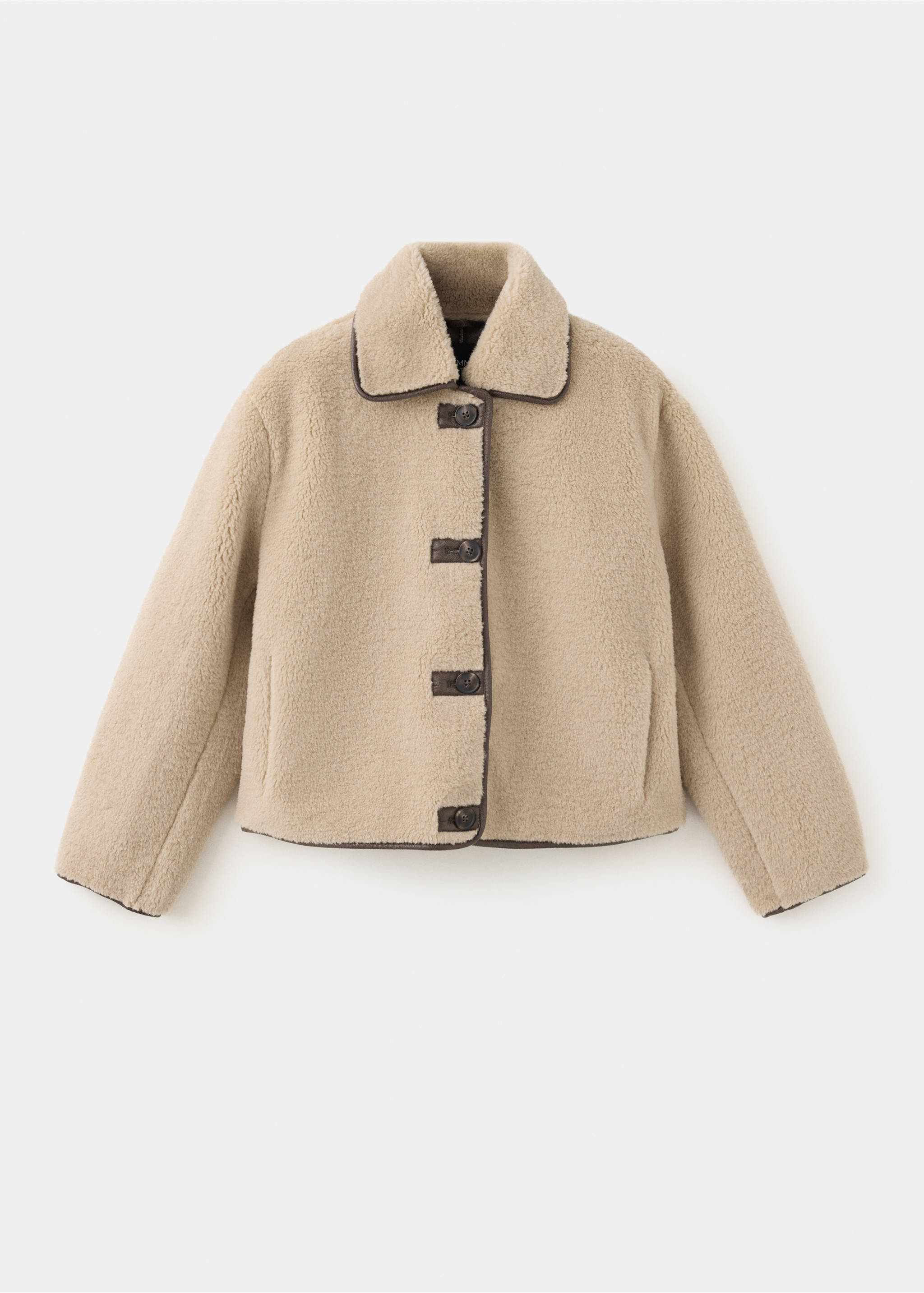 Abrigo beige de borreguillo sintético con ribetes y botones en contraste en marrón., Beige. Ref: 37028264-00.