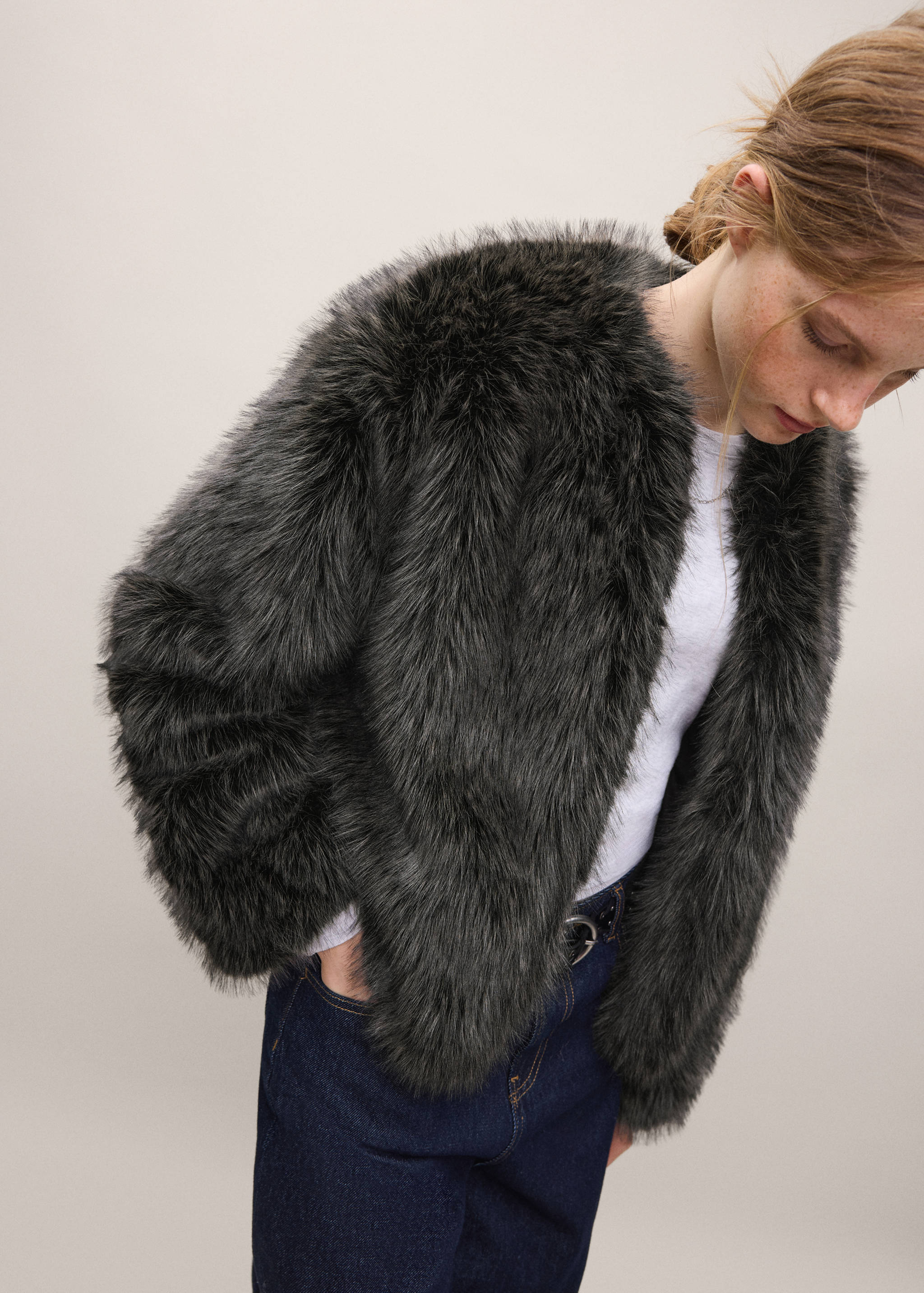 Dark grey faux-fur coat in an open-front design.