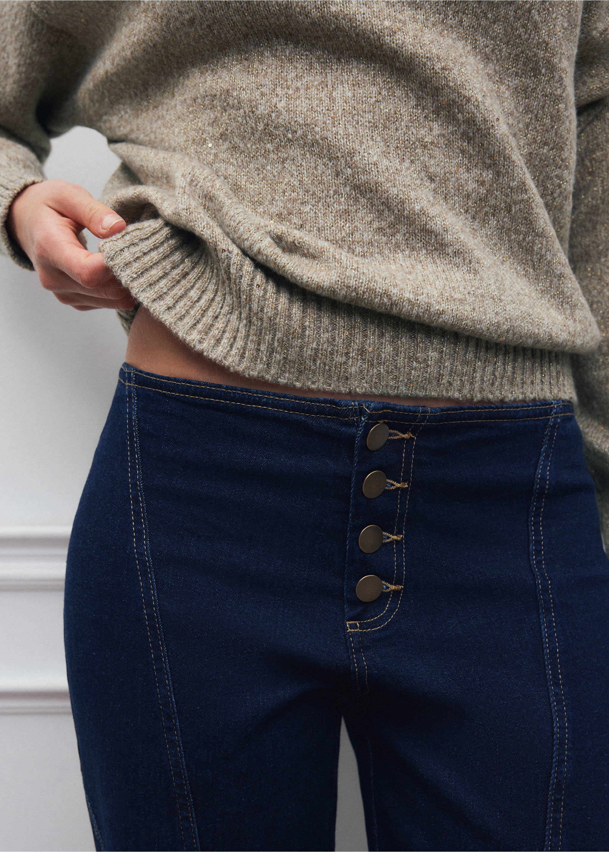 Dark blue denim trousers with a high-rise button fly and vertical seams., Open Blue. Ref: 37028276-00.
