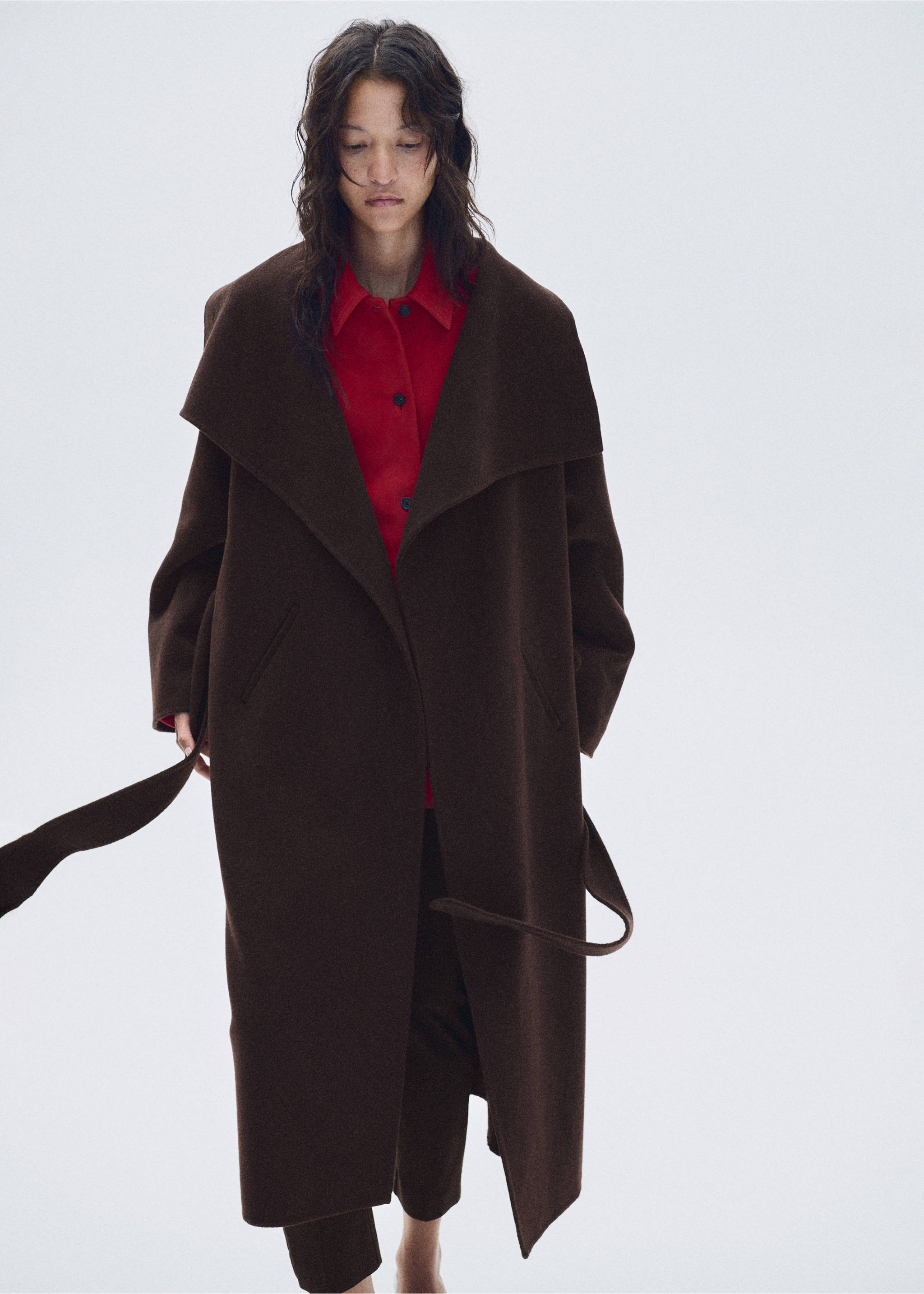 Woollen coat with belt - Medium plane, Chocolate. Ref: 37028279-00.