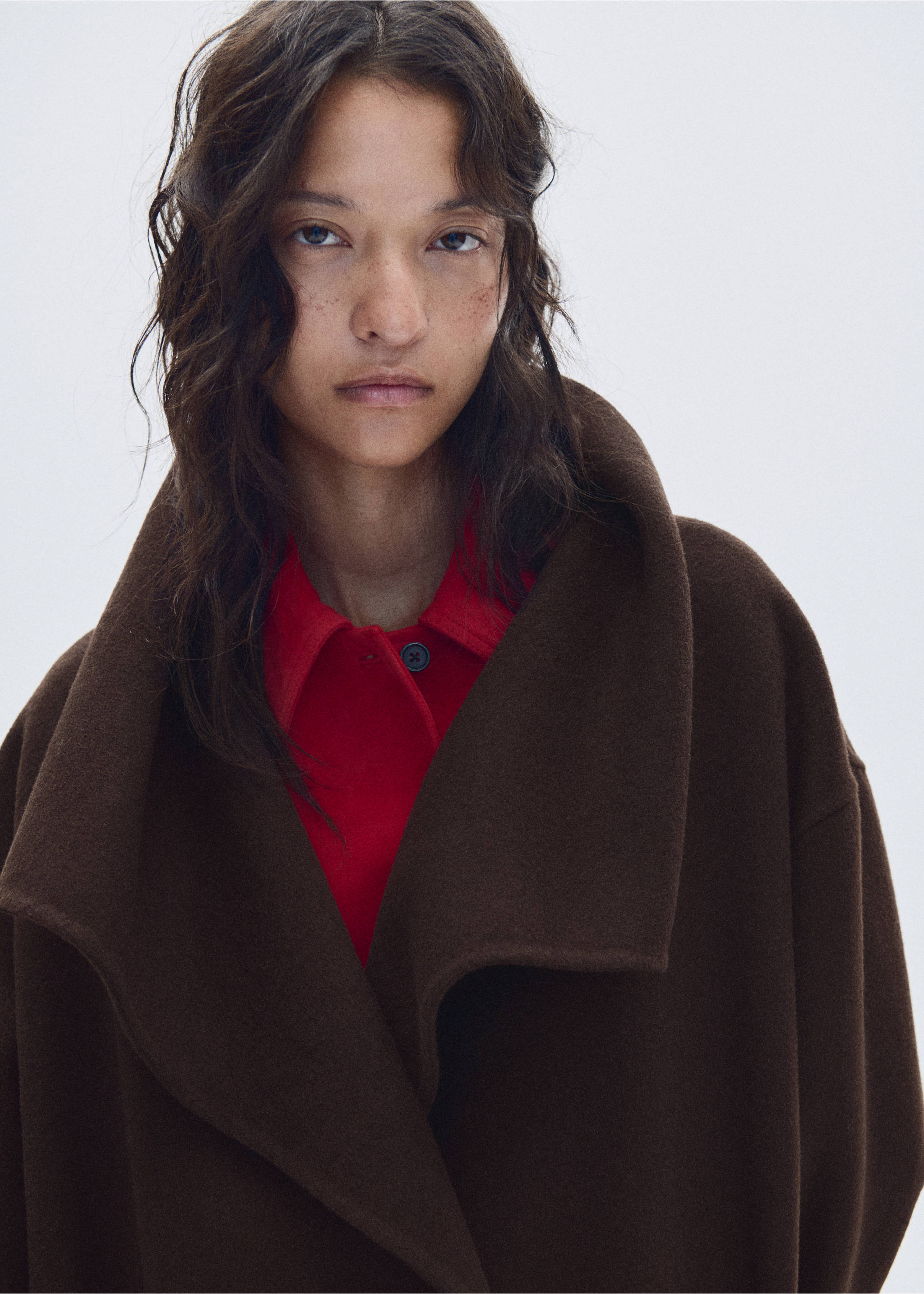 Woollen coat with belt - Details of the article 1, Chocolate. Ref: 37028279-00.
