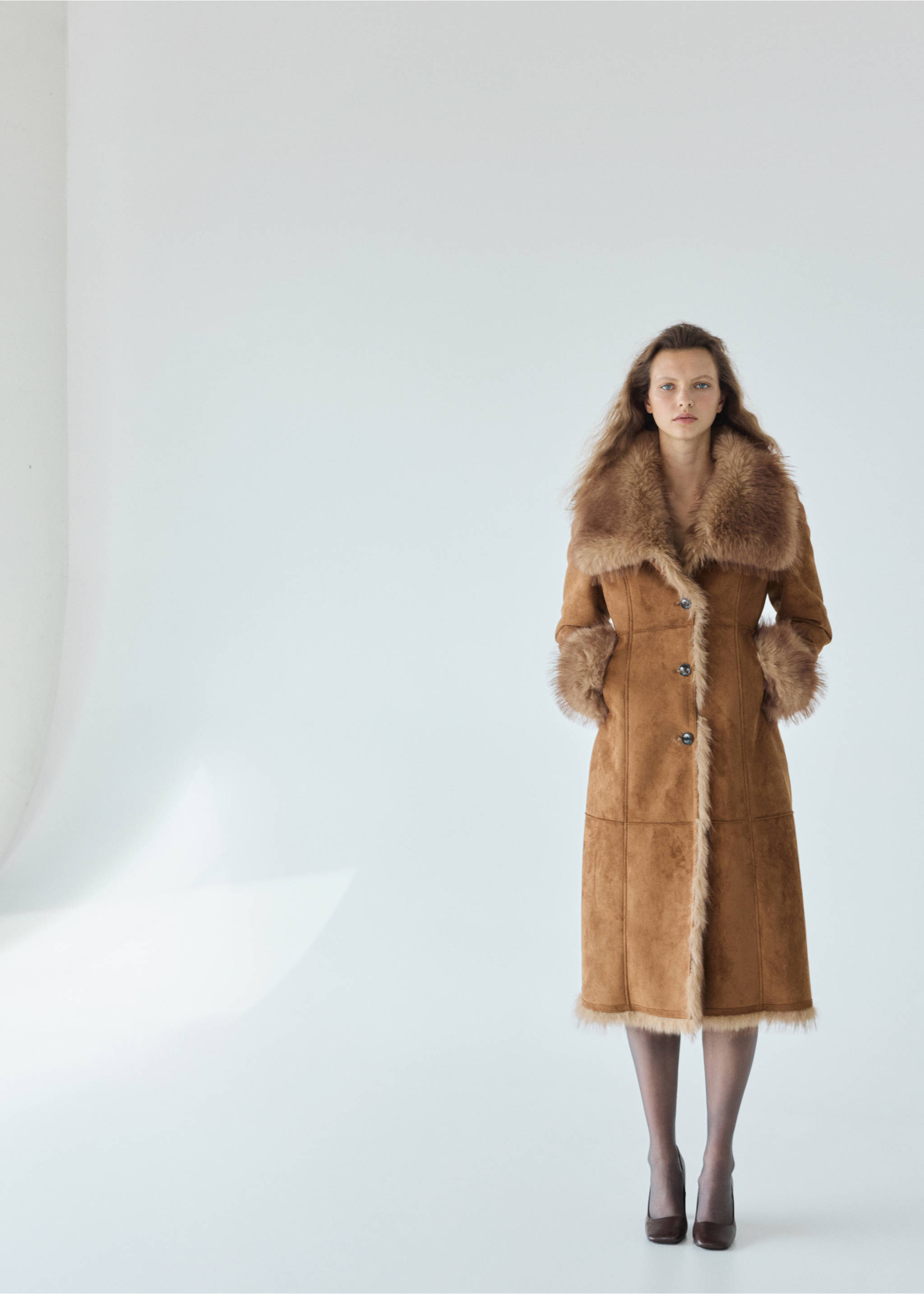 Long brown faux-suede coat with plush faux-fur trim and buttons., Medium Brown. Ref: 37028281-00.