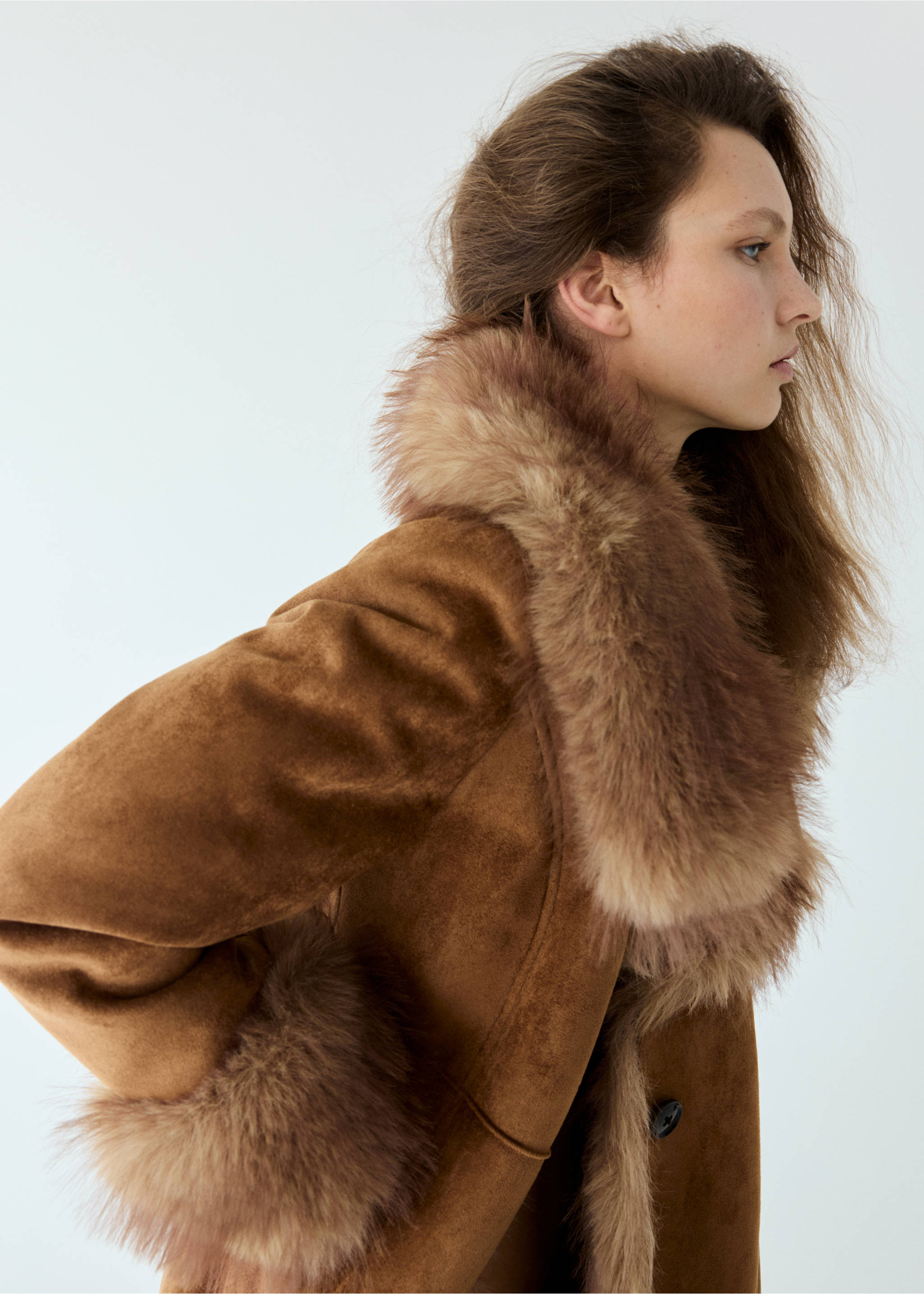 Brown coat with faux-fur collar and cuffs, Medium Brown. Ref: 37028281-00.