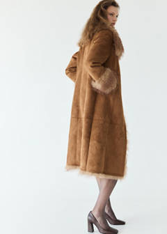 Suede-effect coat with fur trim — Medium Brown 3