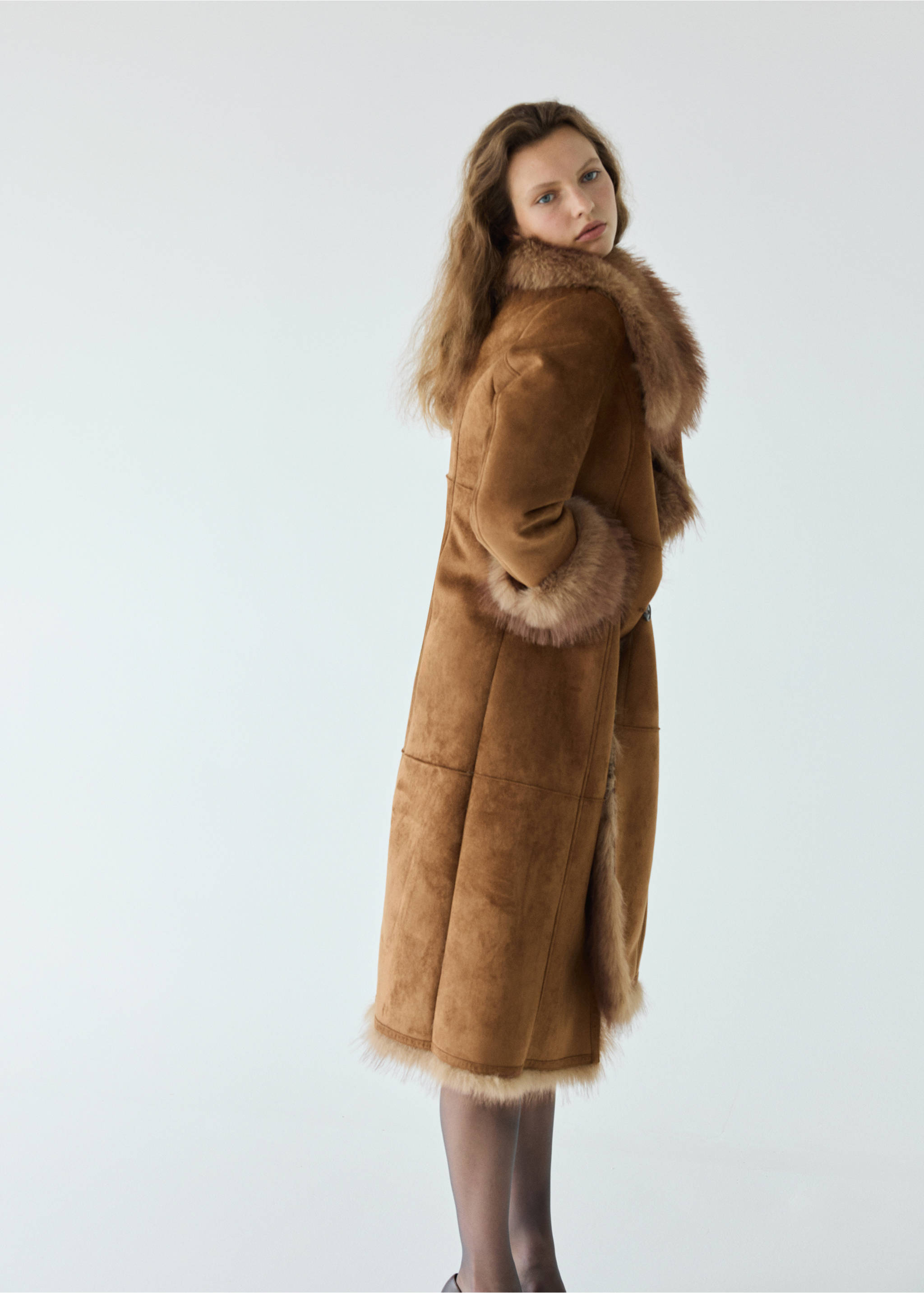 Brown faux-suede coat with faux-fur trim on the collar and cuffs., Medium Brown. Ref: 37028281-00.