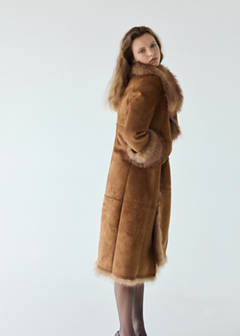 Suede-effect coat with fur trim — Medium Brown 4