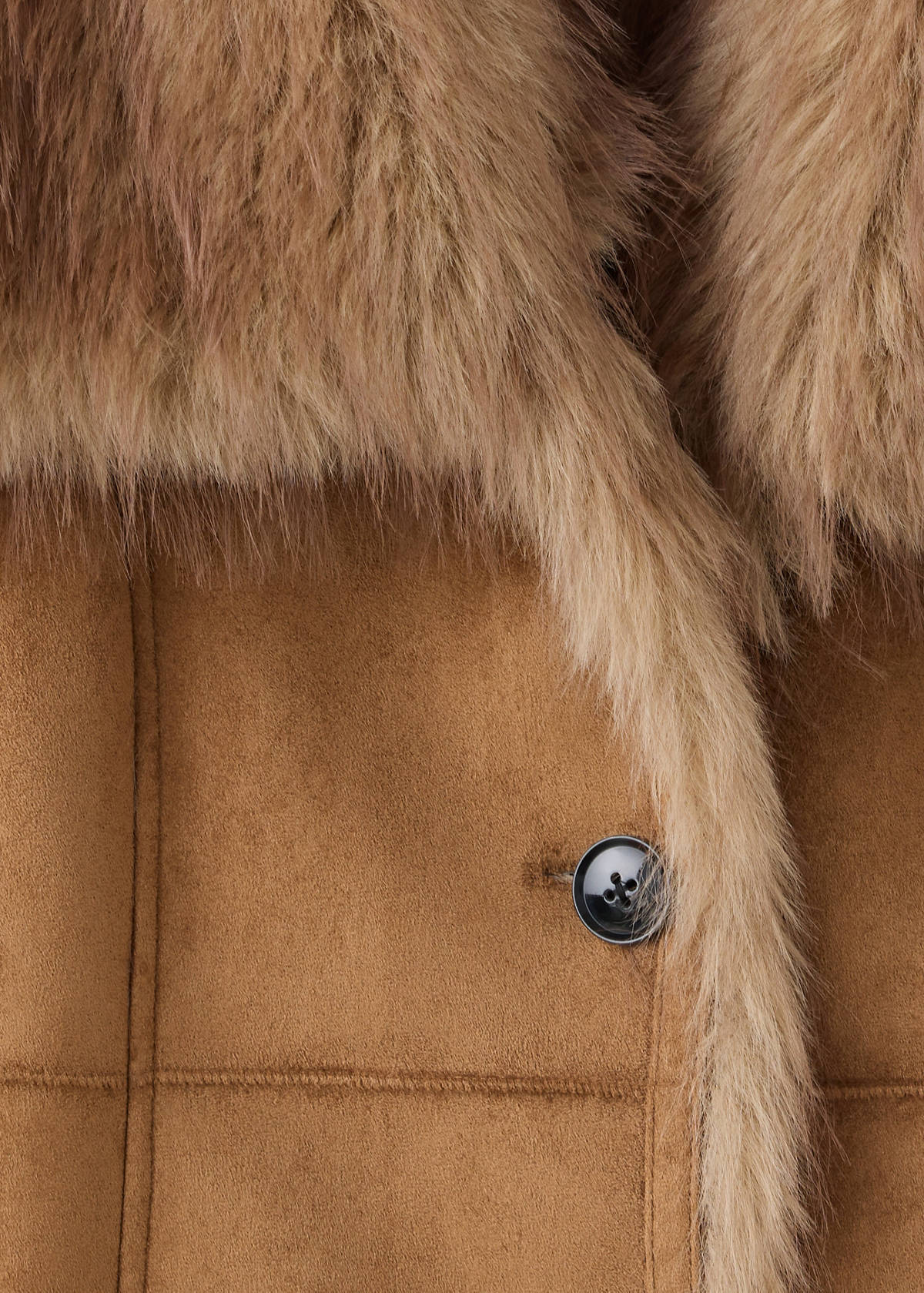 Suede-effect coat with fur trim — Medium Brown
