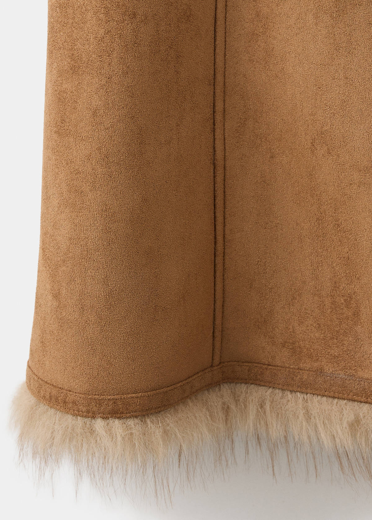 Suede-effect coat with fur trim — Medium Brown