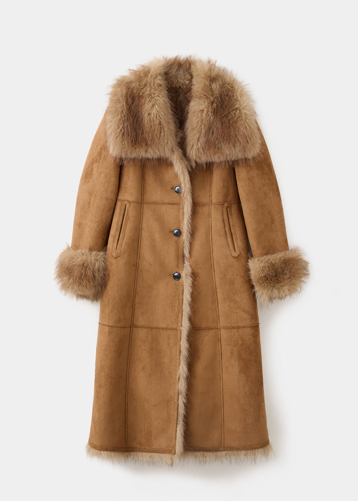 Suede-effect coat with fur trim — Medium Brown
