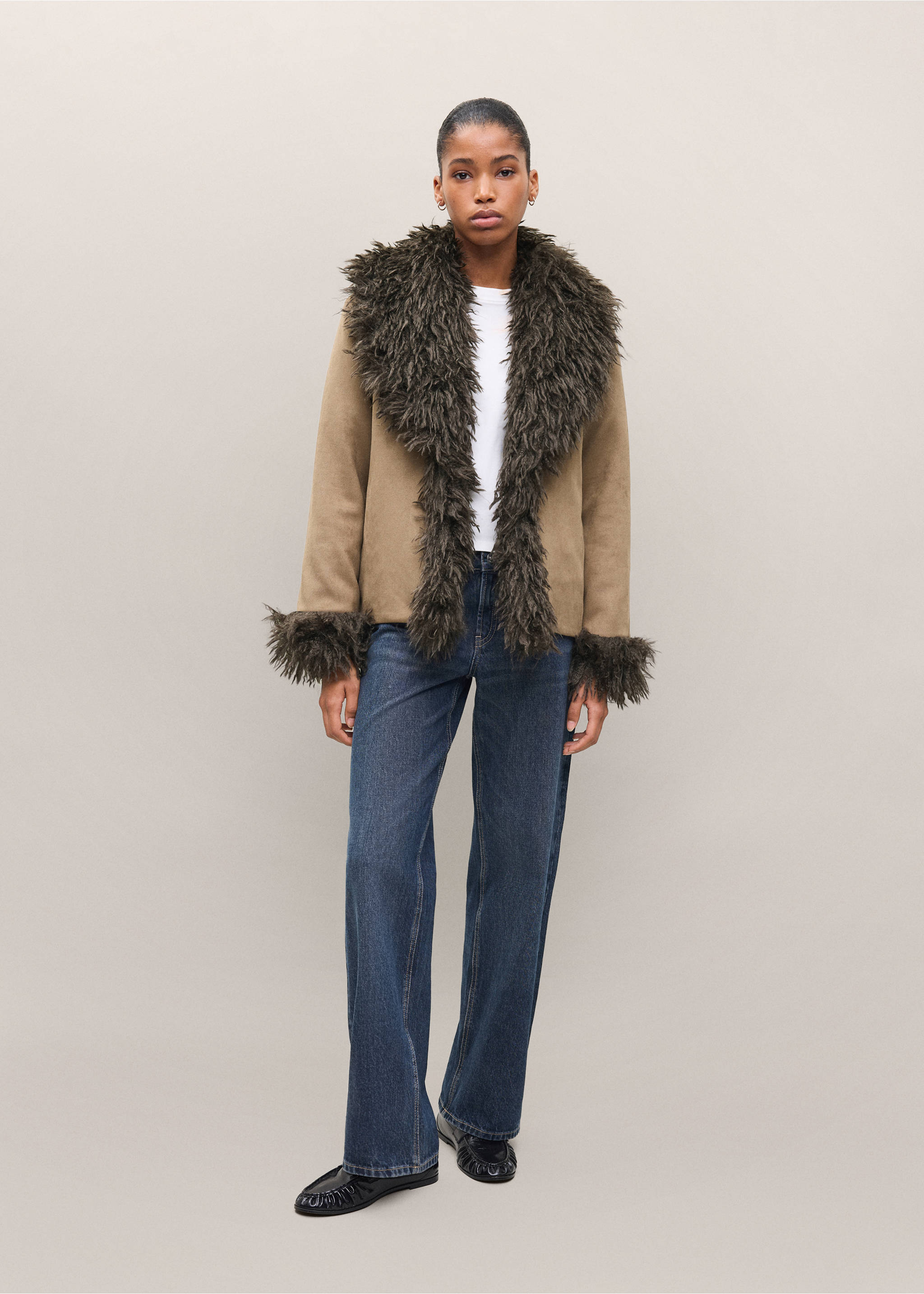 Brown coat with dark green faux-fur trim on the collar and cuffs., Medium Brown. Ref: 37028285-00.