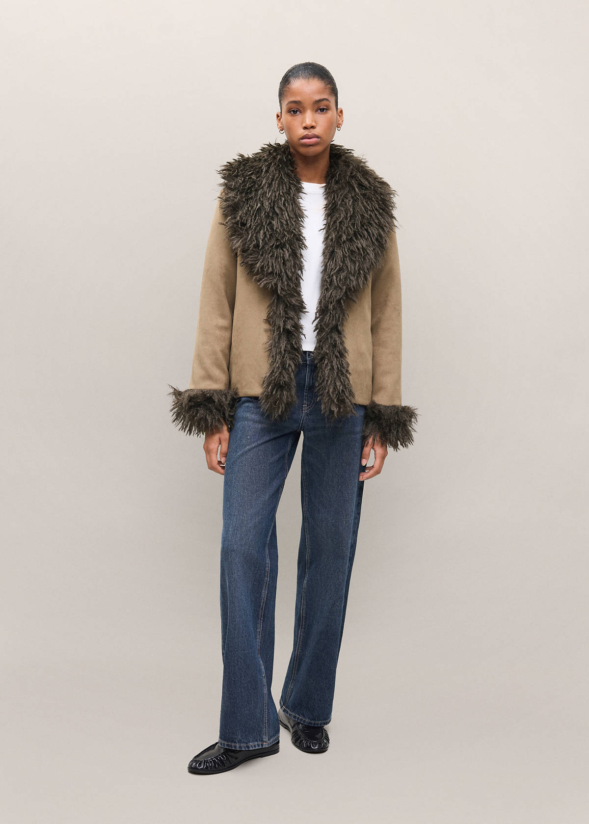 Suede-effect coat with fur-like finish — Medium Brown