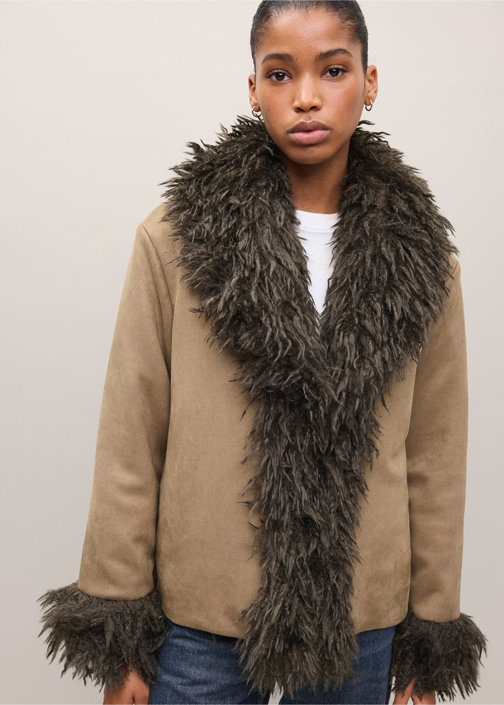 Tan coat with dark grey faux-fur lapel collar and cuffs., Medium Brown. Ref: 37028285-00.