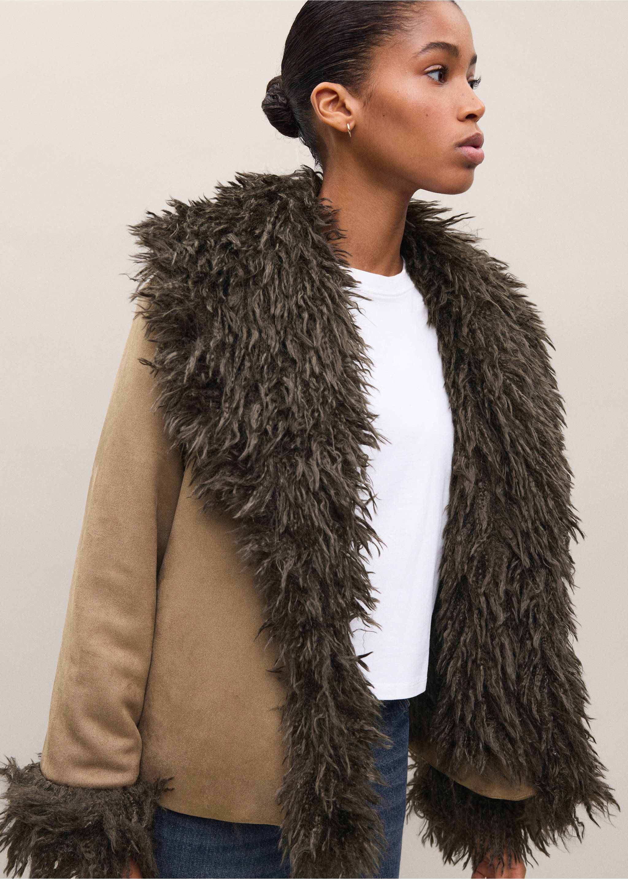 Brown coat with shaggy dark green faux-fur collar., Medium Brown. Ref: 37028285-00.