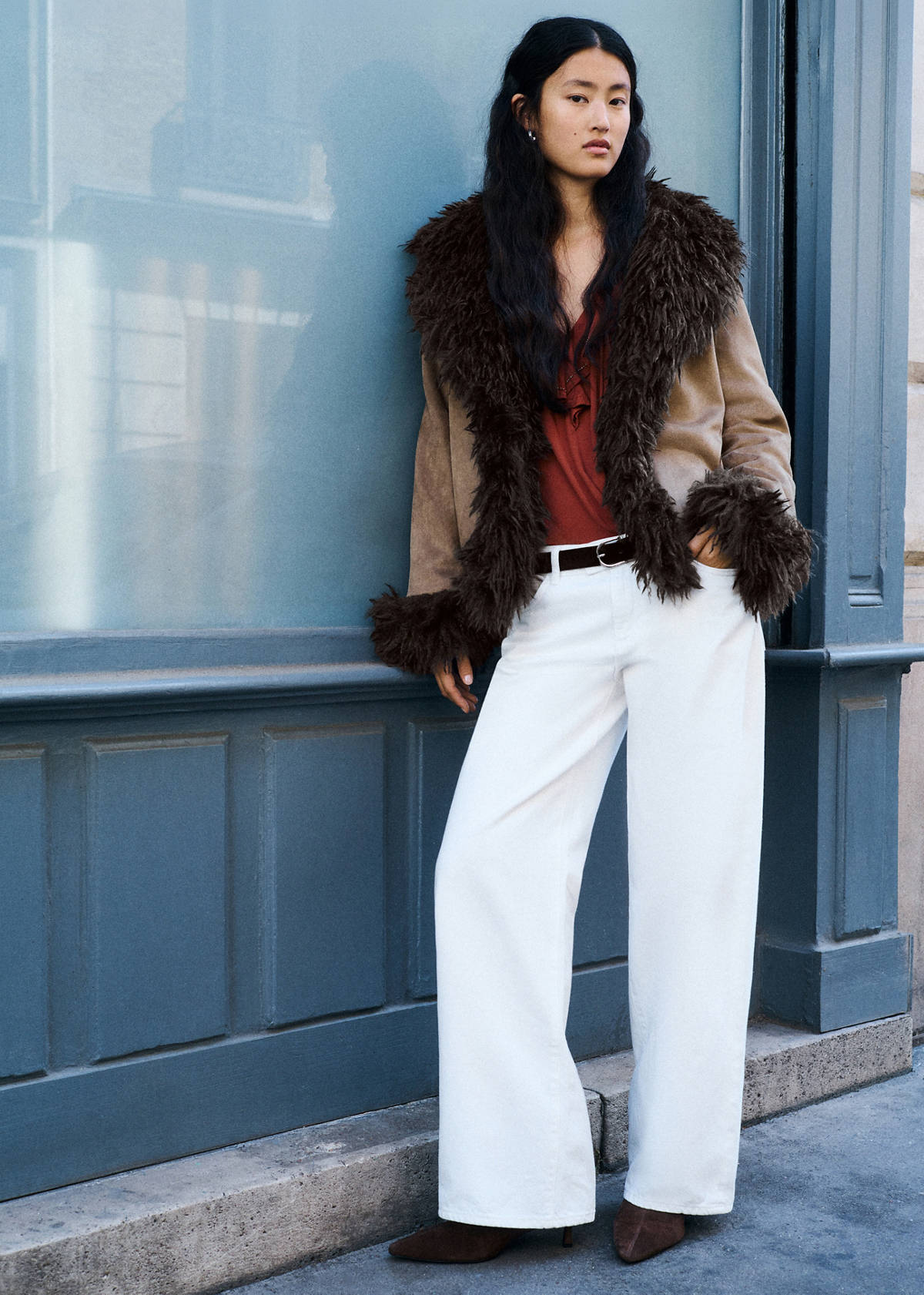 Suede-effect coat with fur-like finish — Medium Brown