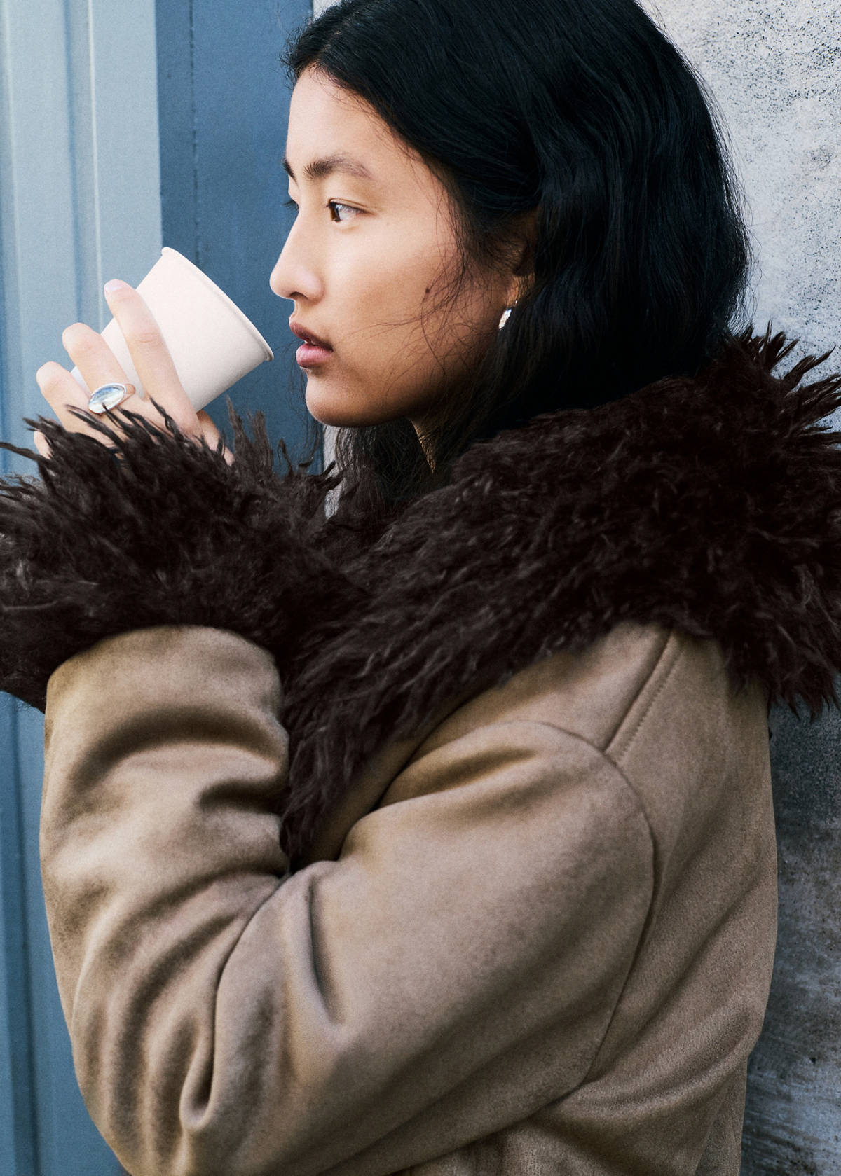 Suede-effect coat with fur-like finish — Medium Brown