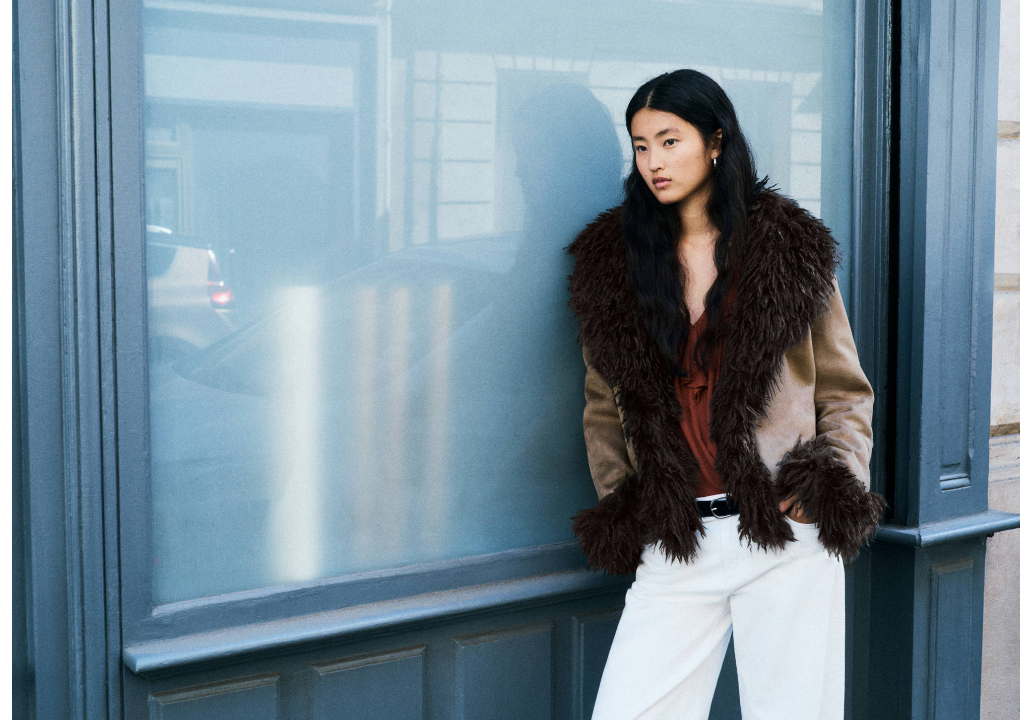 Brown suede-effect jacket with dark brown faux-fur collar and cuffs.