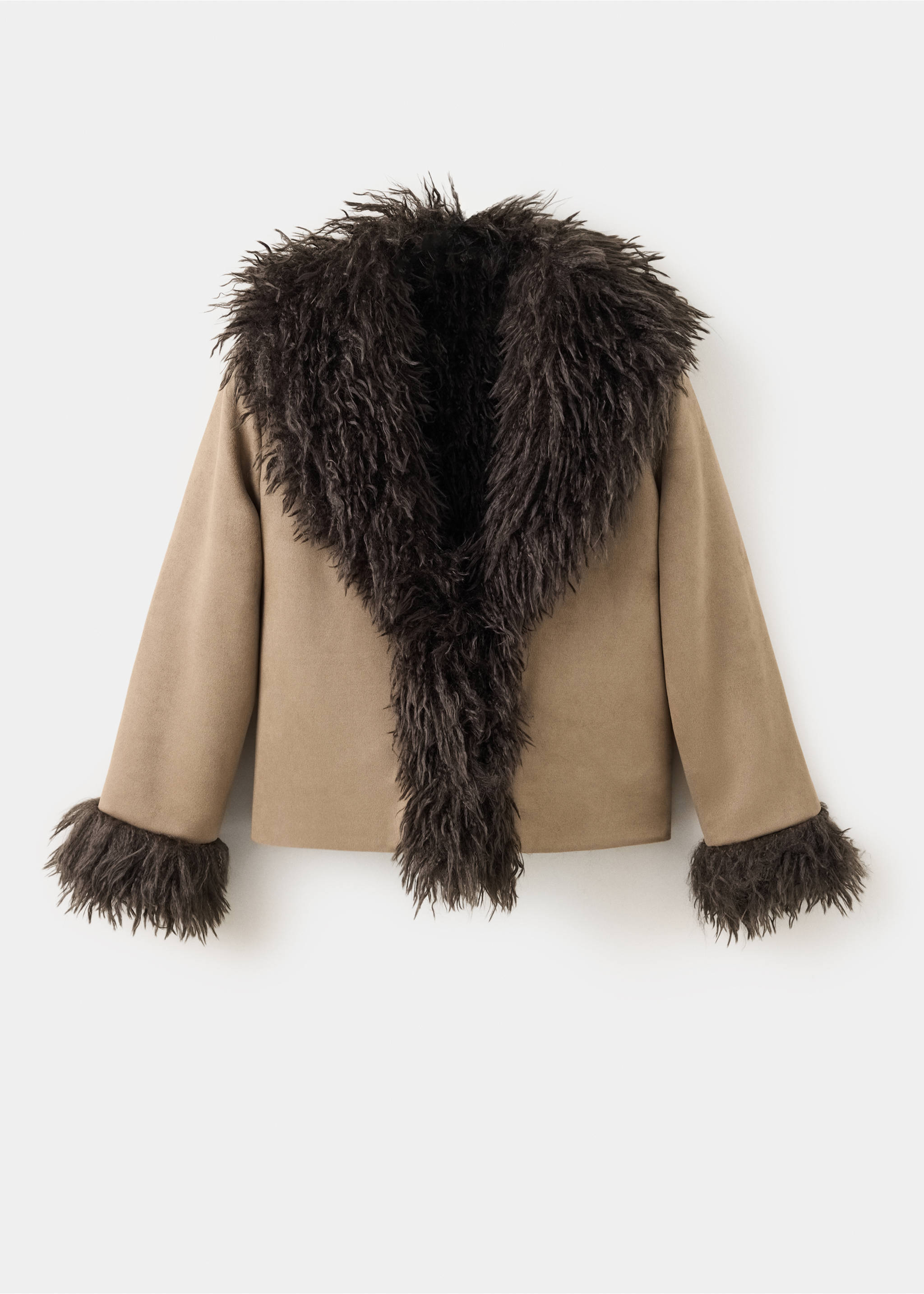 Tan coat with dark brown faux-fur lapel and cuffs., Medium Brown. Ref: 37028285-00.