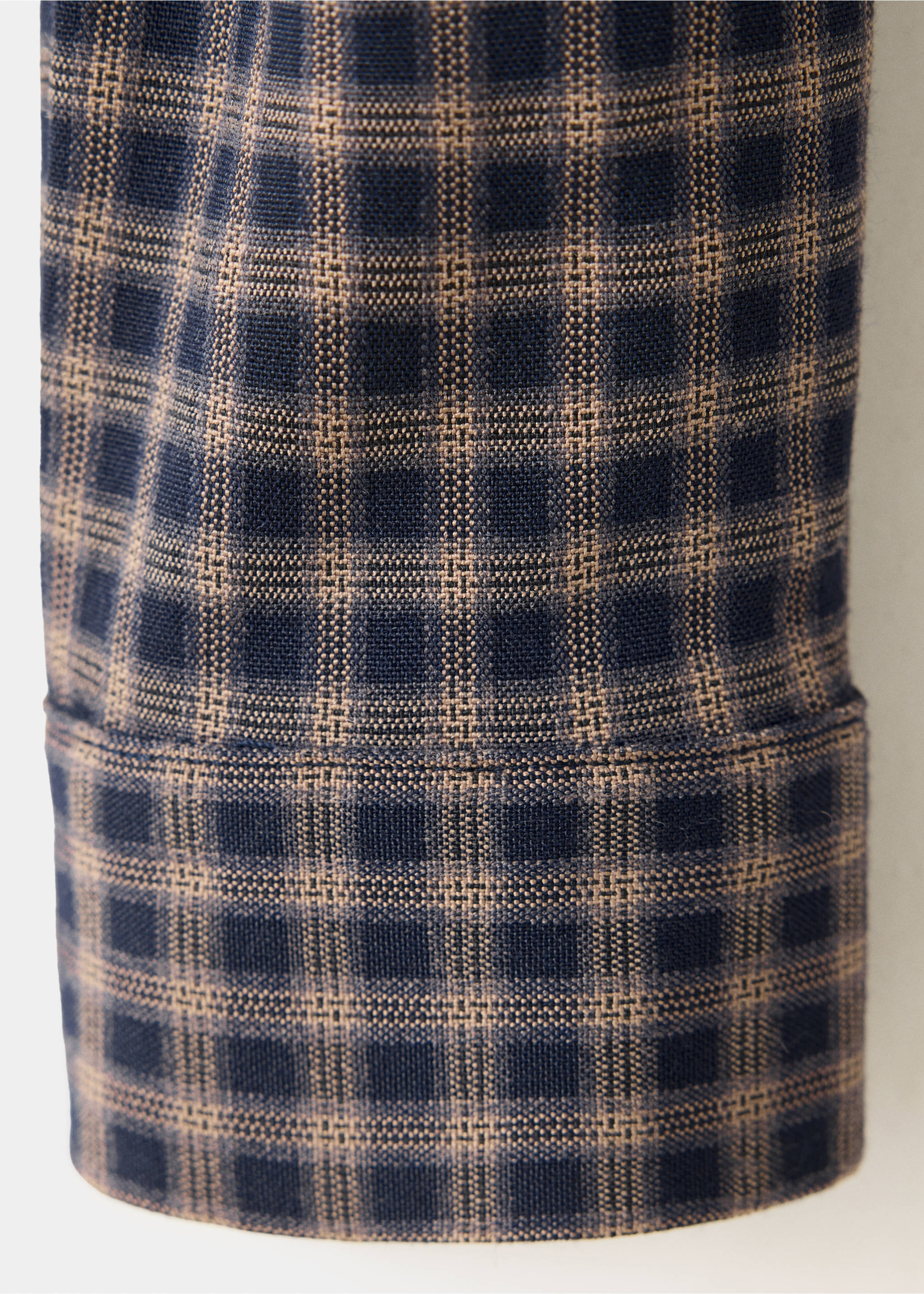 Close-up of the navy blue and brown check fabric and cuff detail on a children's shirt., Navy. Ref: 37028287-00.