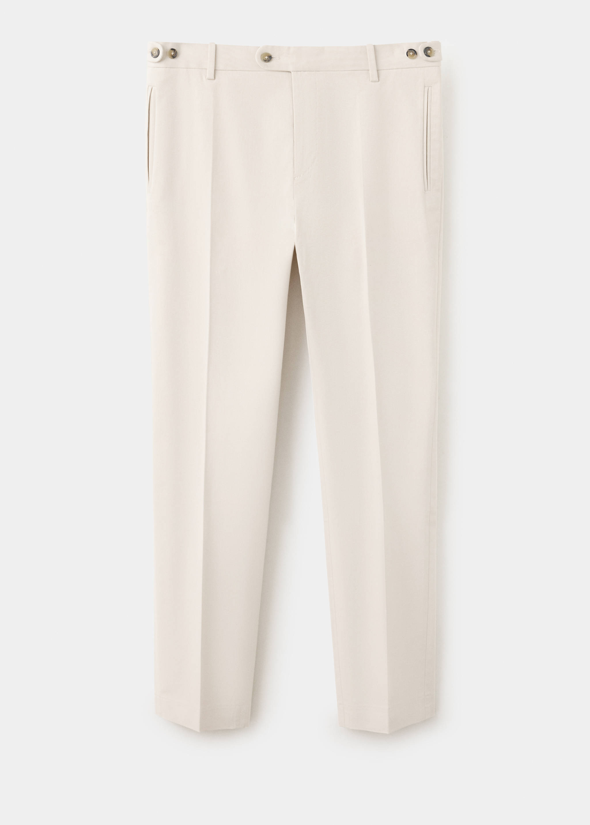 Pantalones rectos en color crema con raya marcada y trabillas ajustables en los laterales.