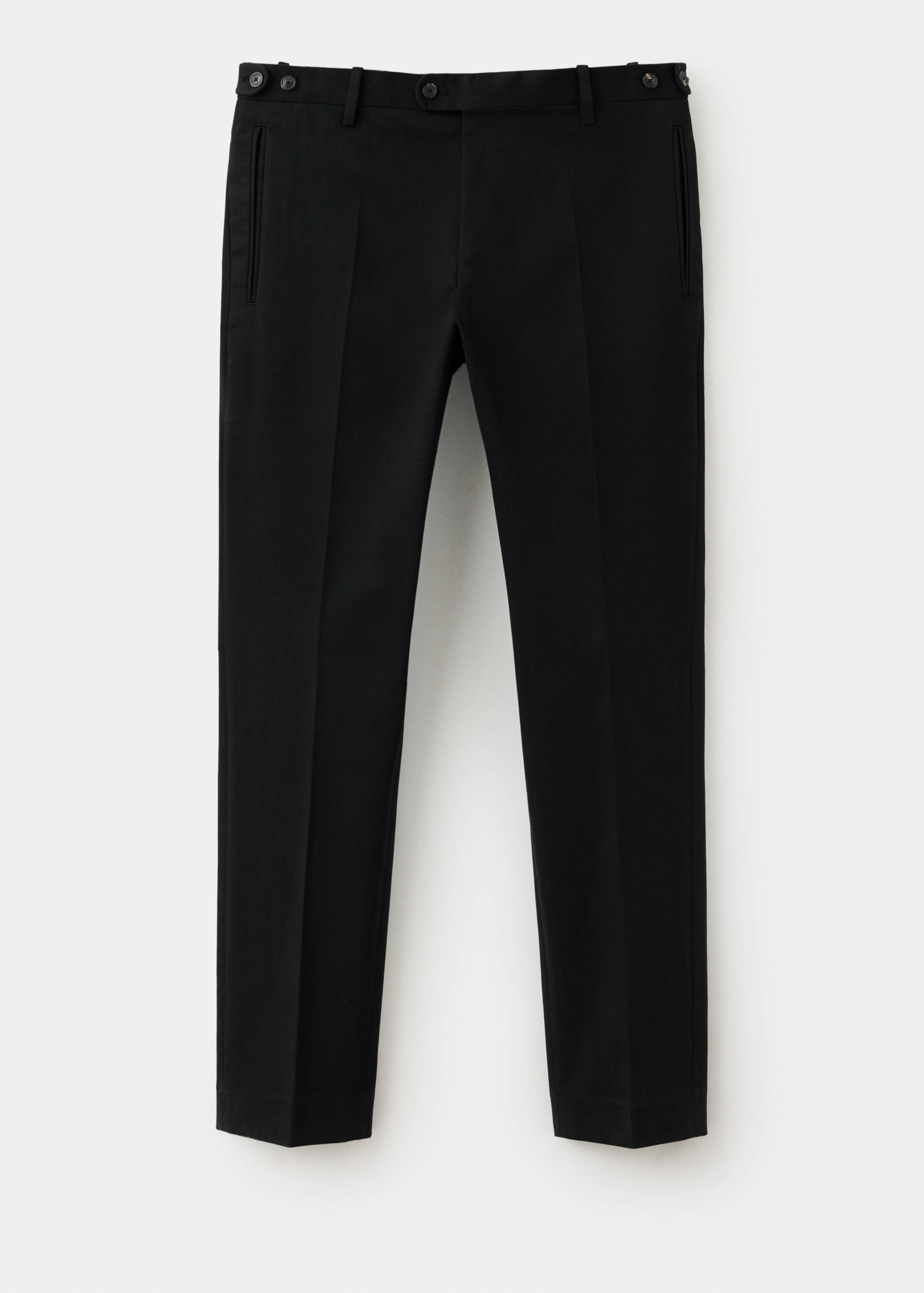 Men's black trousers with a waistband, belt loops, and side adjusters.