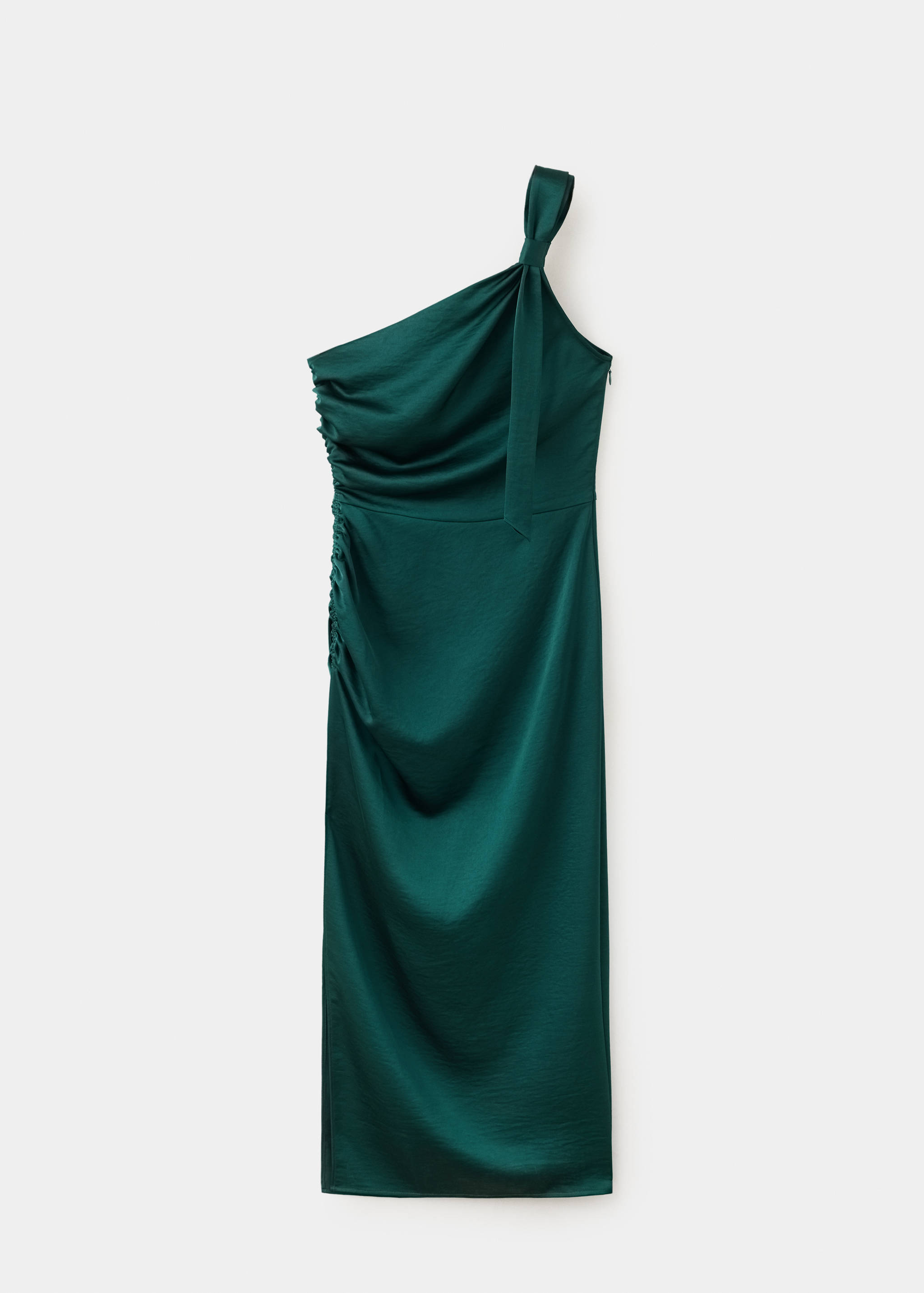 Emerald green one-shoulder dress with knot strap and ruching.