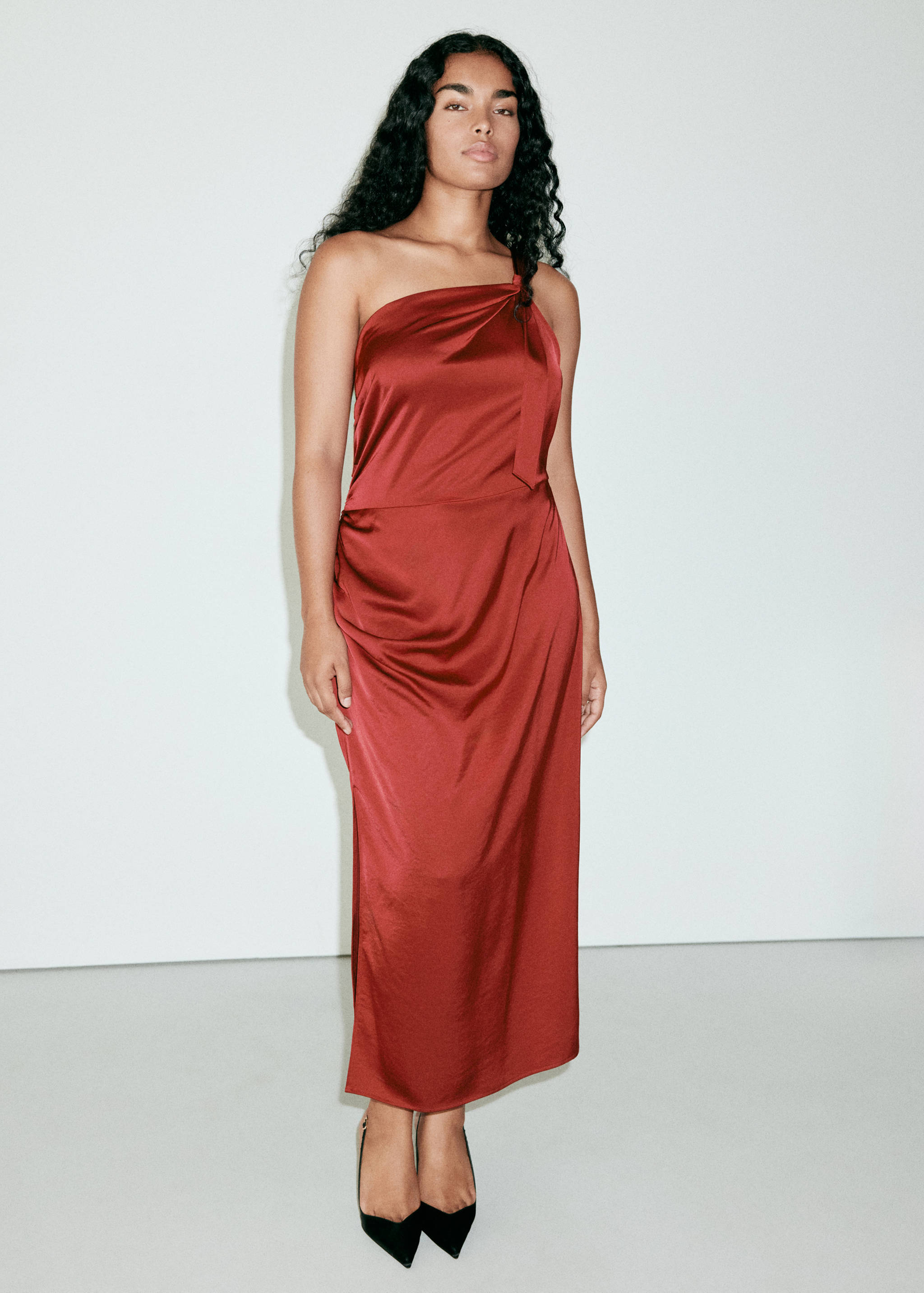 Red-brown satin one-shoulder midi dress with draped overlay