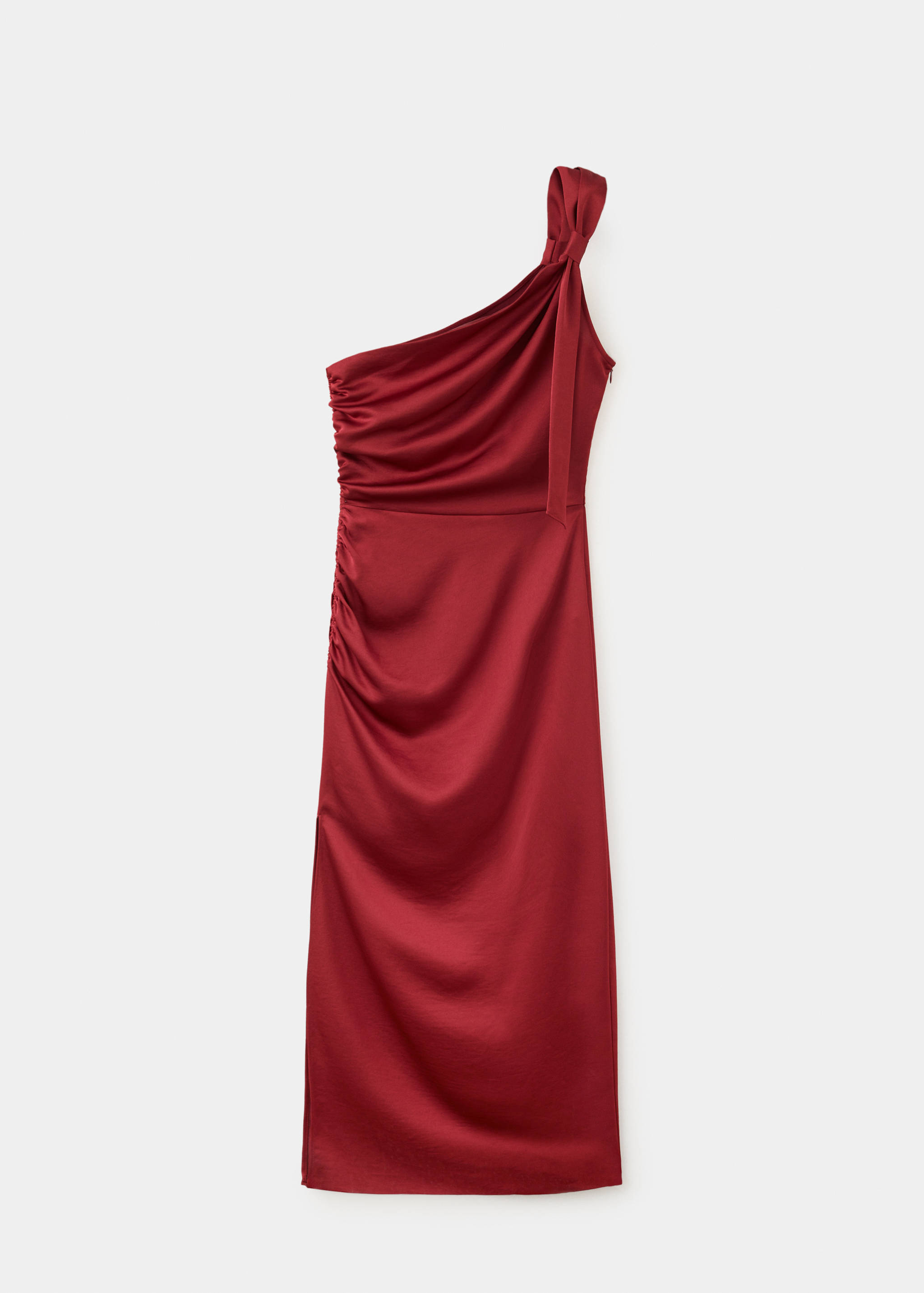 Dark red one-shoulder midi dress in a satin finish with a shoulder knot and draped bodice.