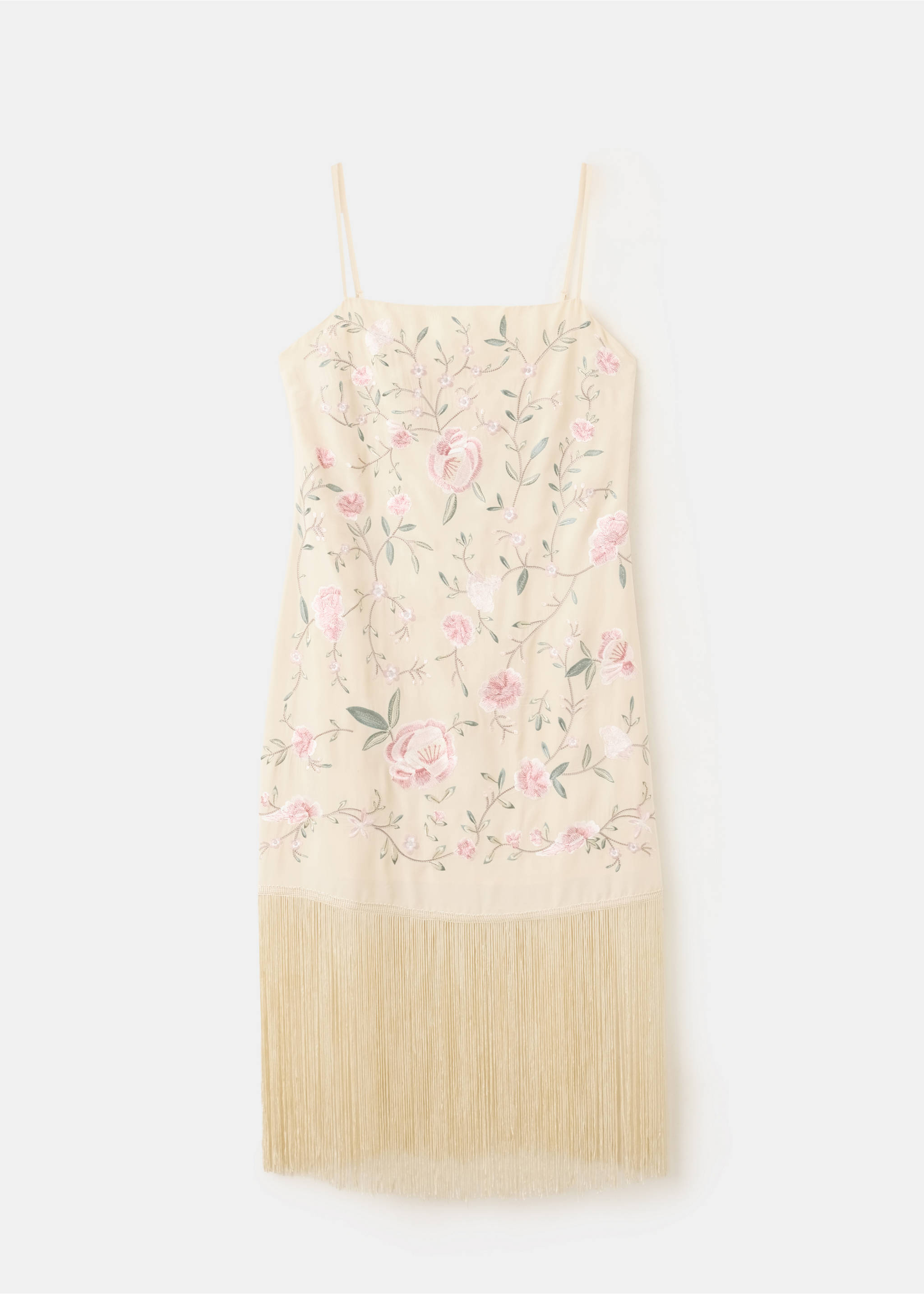 Cream slip dress with pink floral embroidery and a fringe hem., Ecru. Ref: 37029116-00.