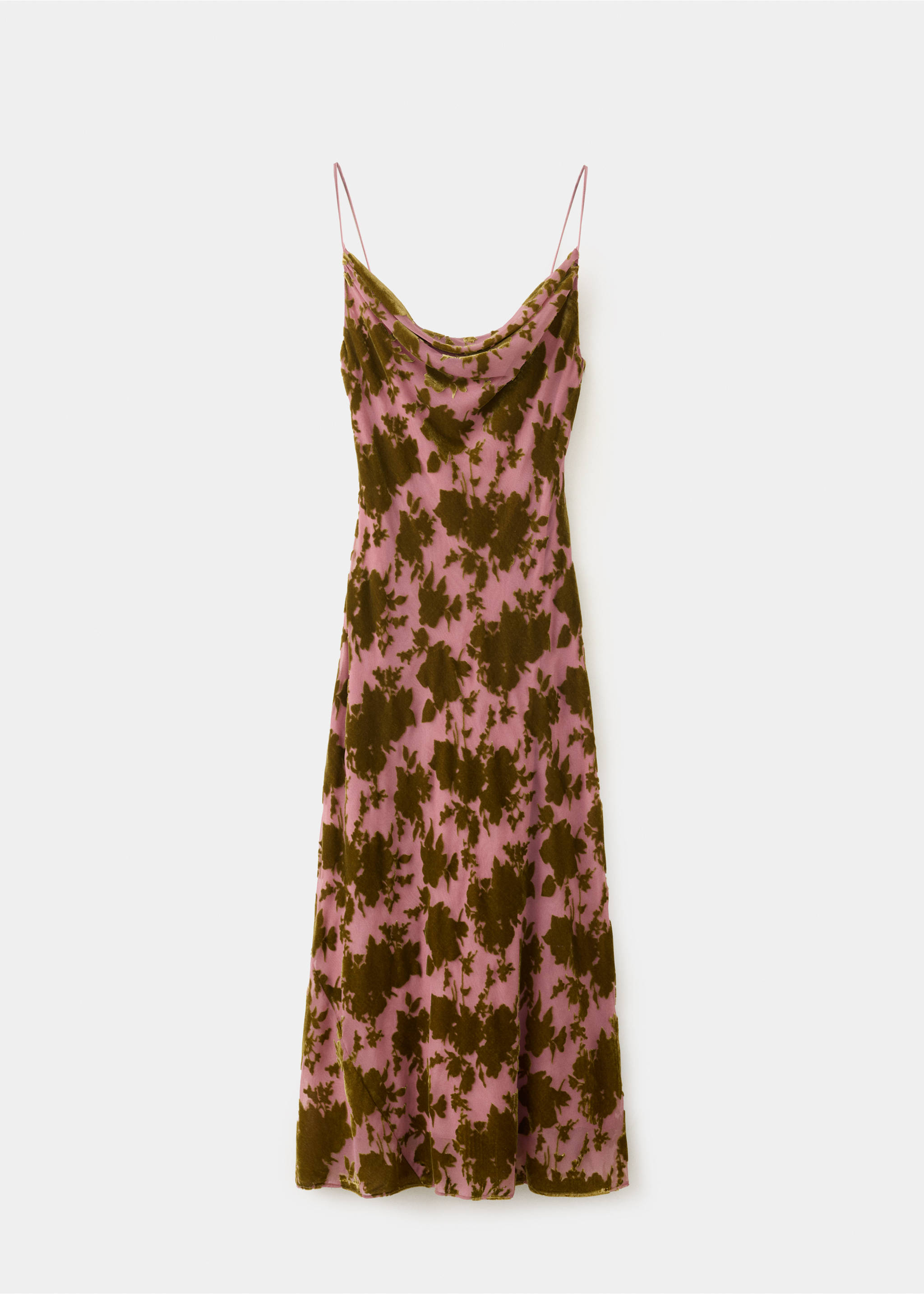 Vestido slip de terciopelo con estampado floral en rosa y verde y cuello desbocado., Rosa. Ref: 37029120-00.