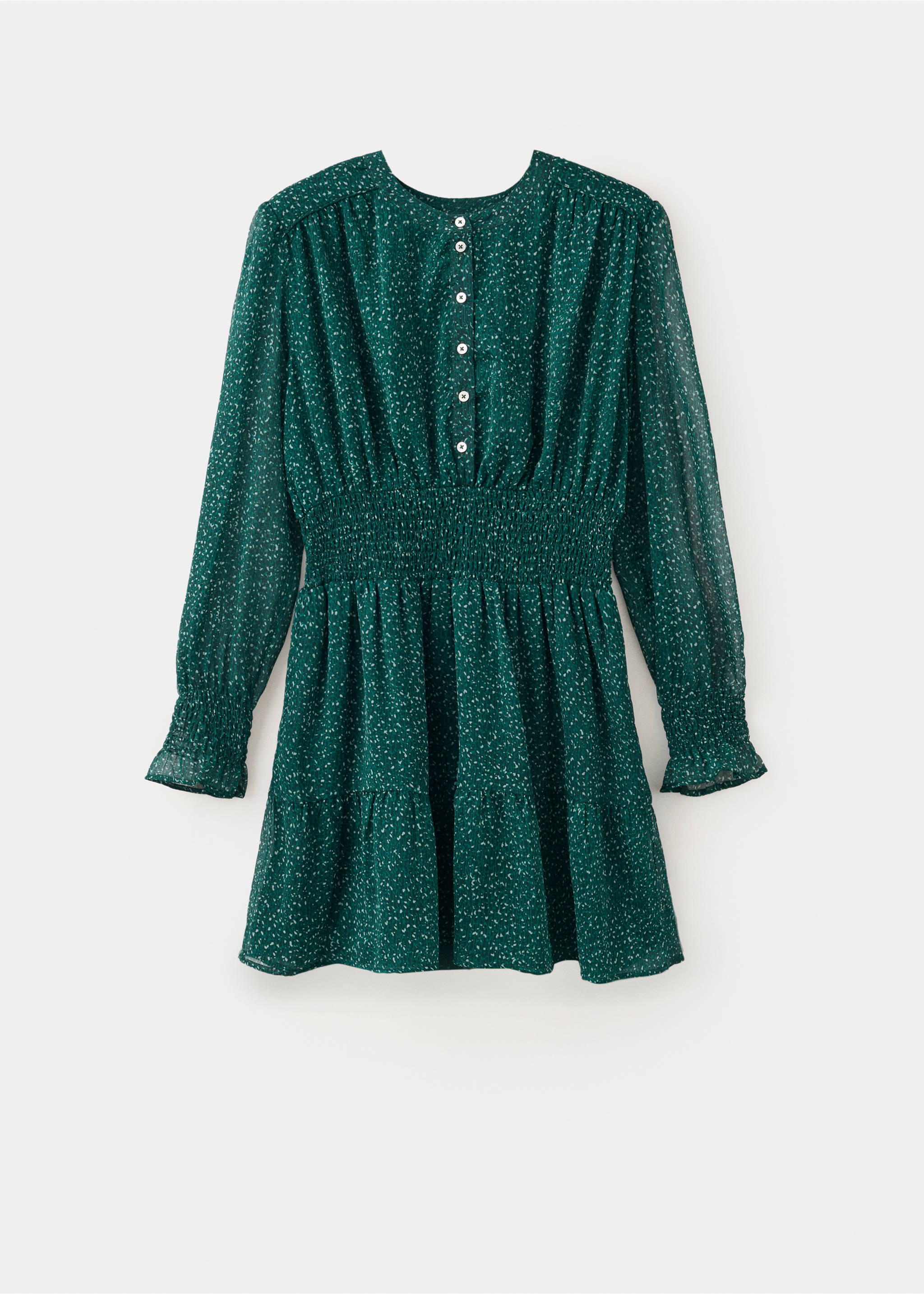 Dark green floral print long-sleeve dress with smocked waist and tiered skirt., Petrol Blue. Ref: 37029121-00.