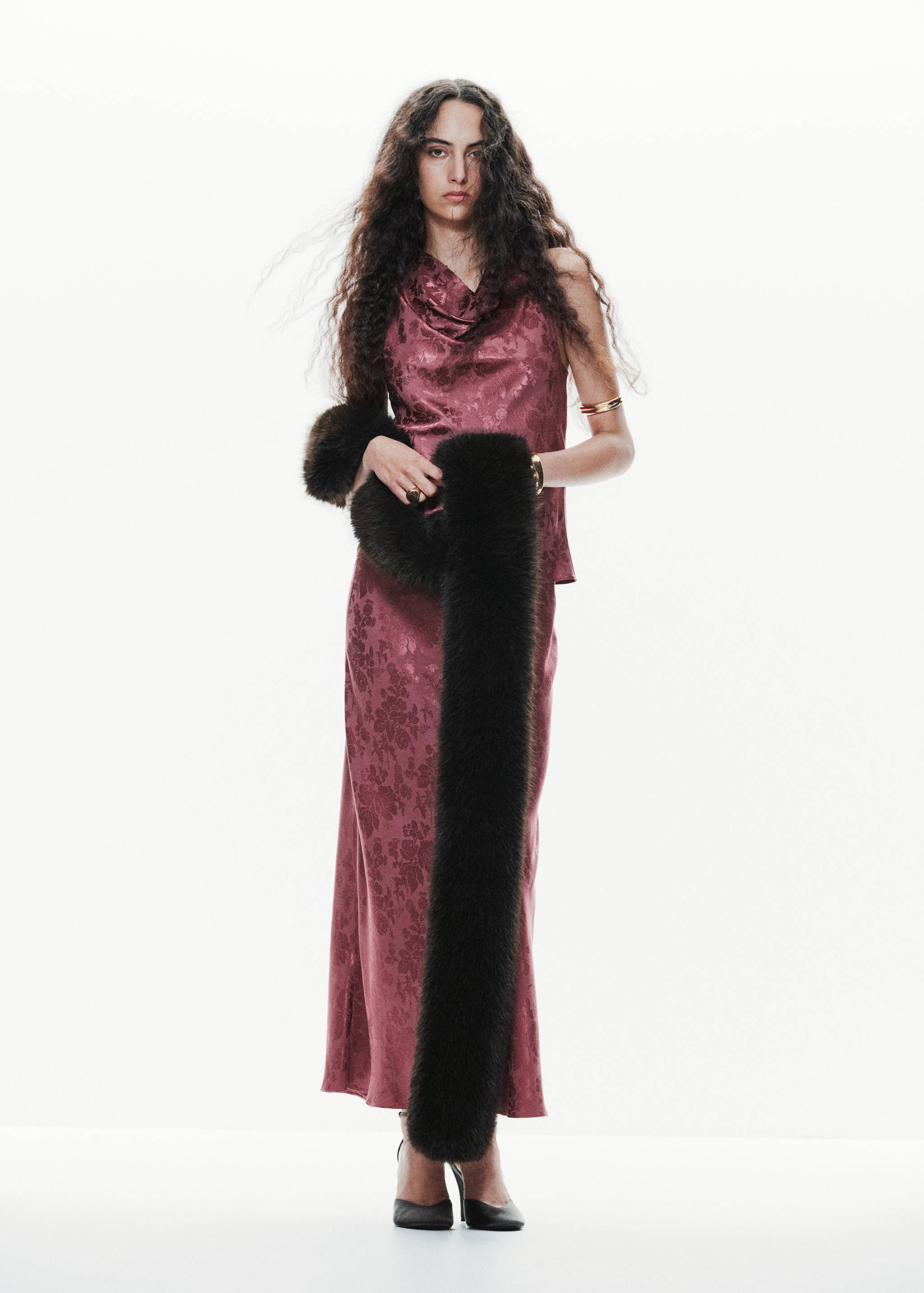 Dark pink satin jacquard blouse with cowl neck, styled as a matching set.