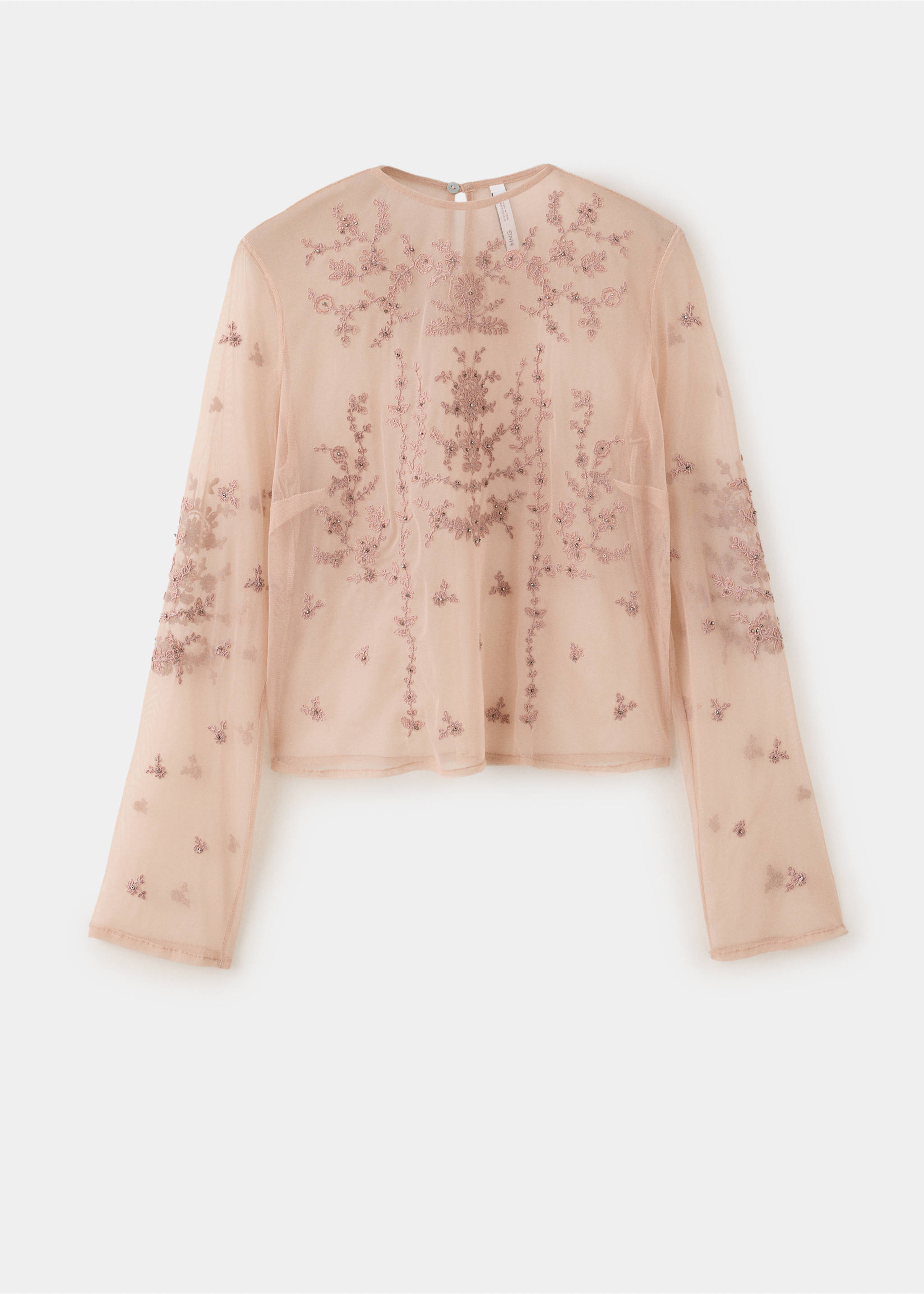 Blusa de tul transparente en rosa pálido con manga larga y bordado floral a tono., Rosa pastel. Ref: 37029123-00.