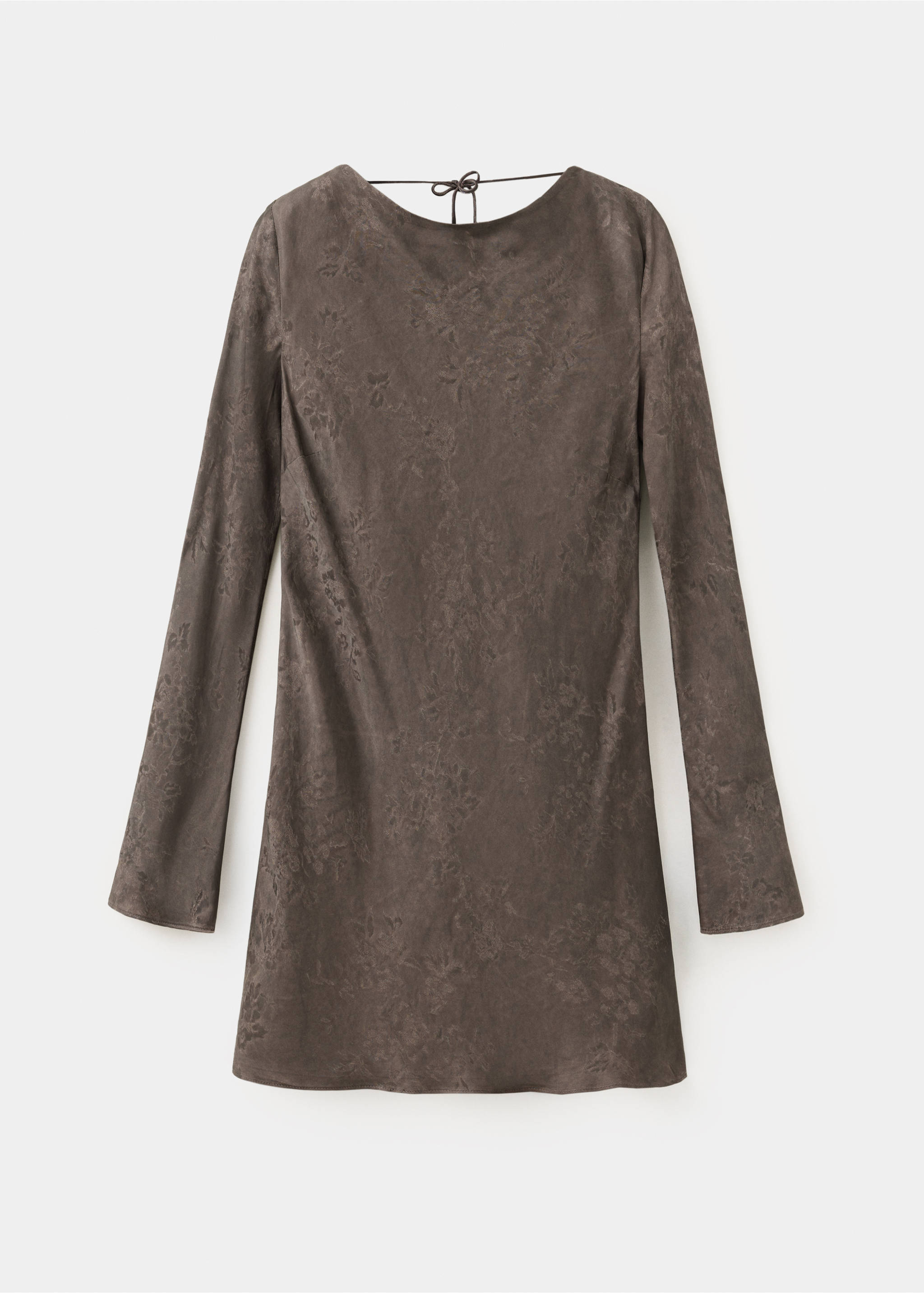 Brown long-sleeved mini dress with tonal floral pattern and back tie., Brown. Ref: 37029125-00.