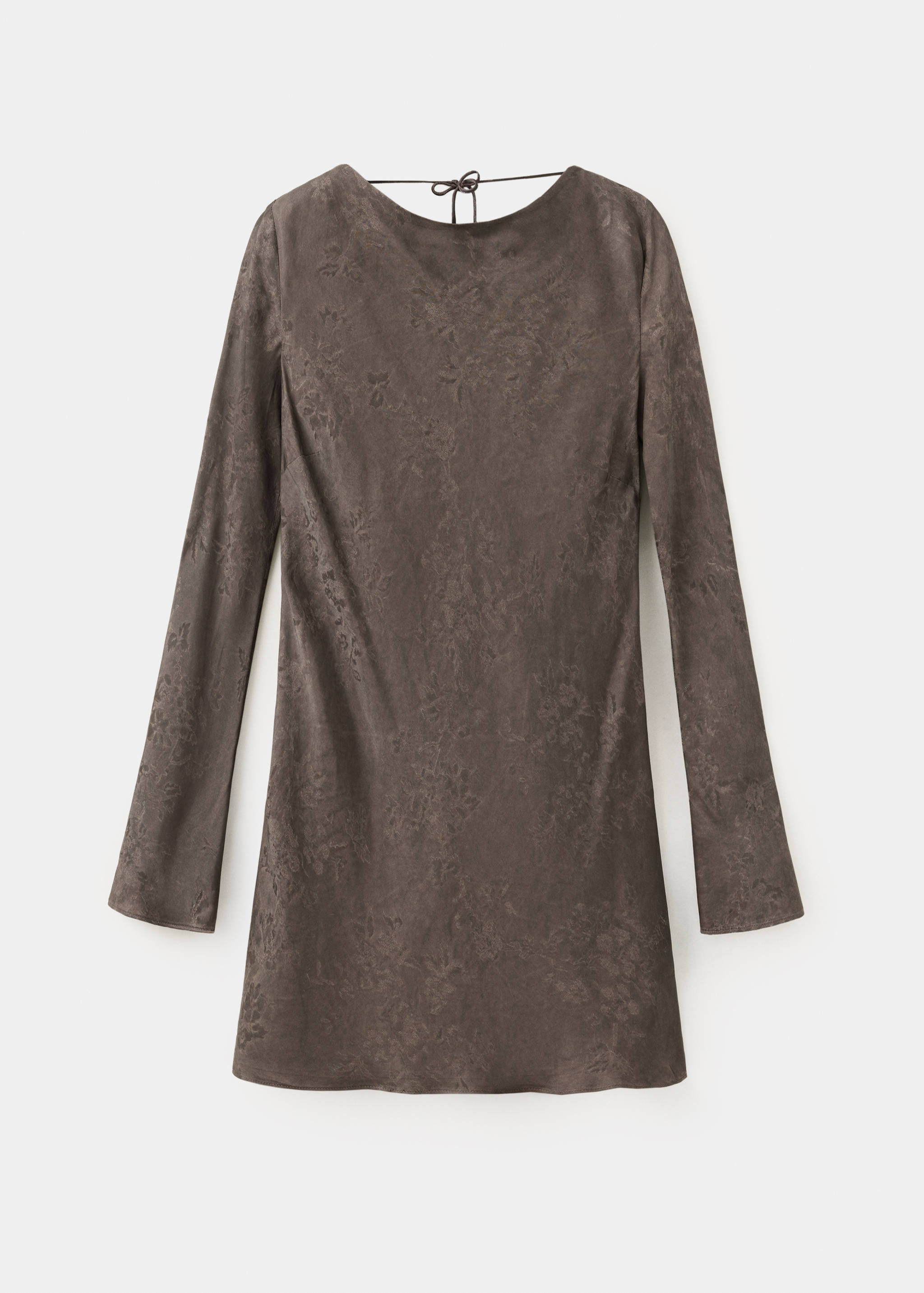 Brown long-sleeved mini dress with tonal floral pattern and back tie.