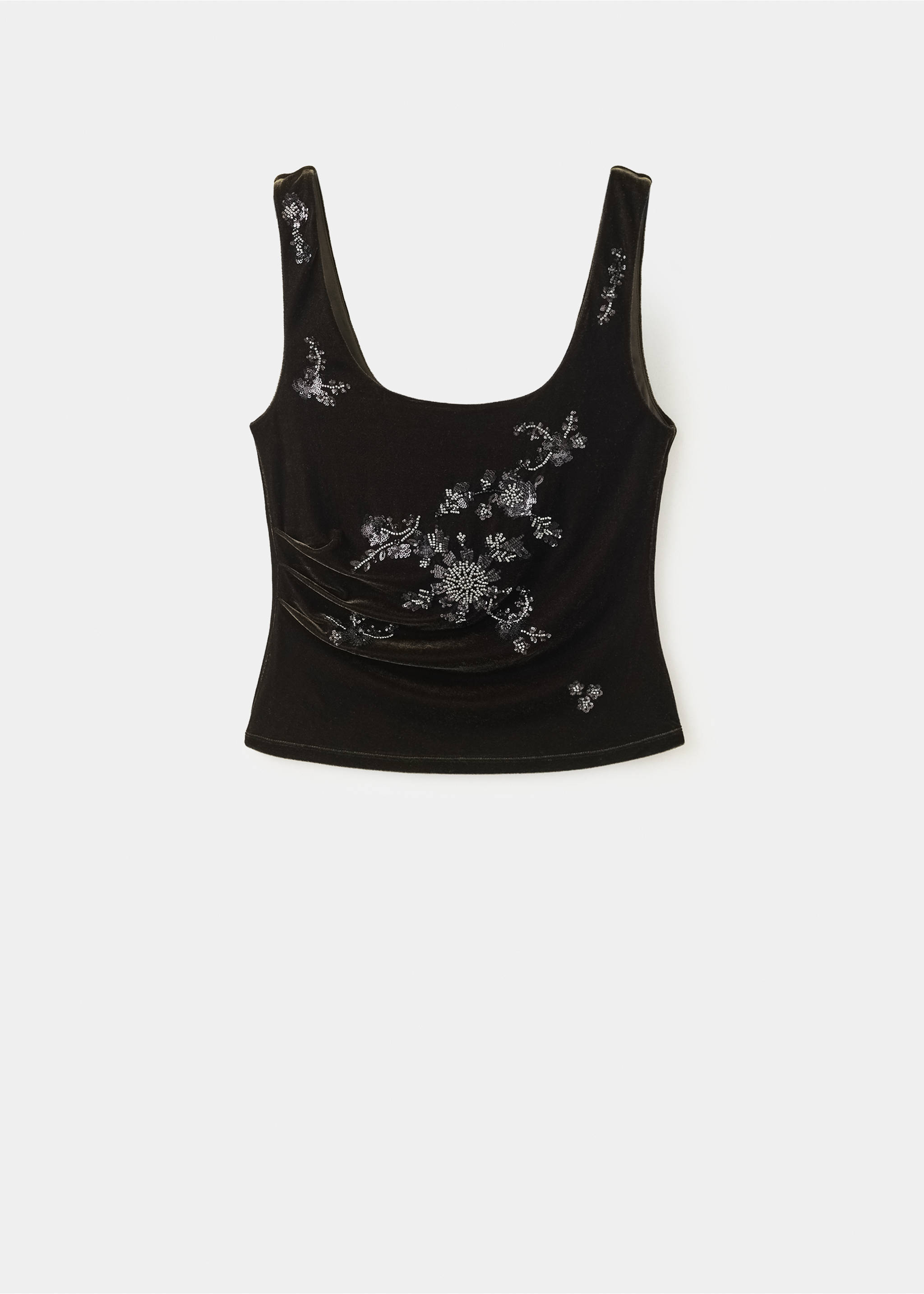 Dark brown velvet top with a scoop neckline and silver beaded floral embroidery., Olive Green. Ref: 37029128-00.