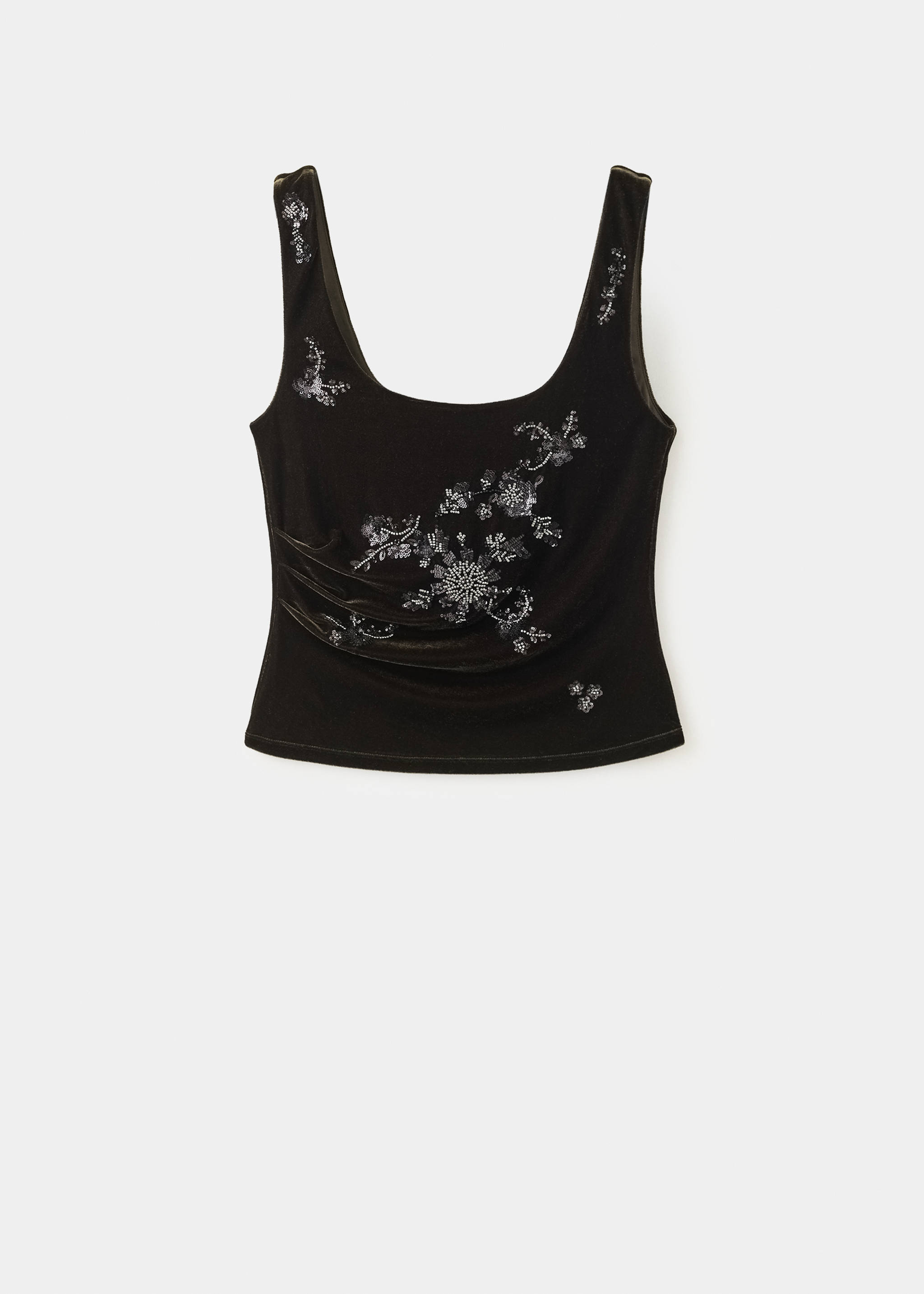 Dark brown velvet top with a scoop neckline and silver beaded floral embroidery.
