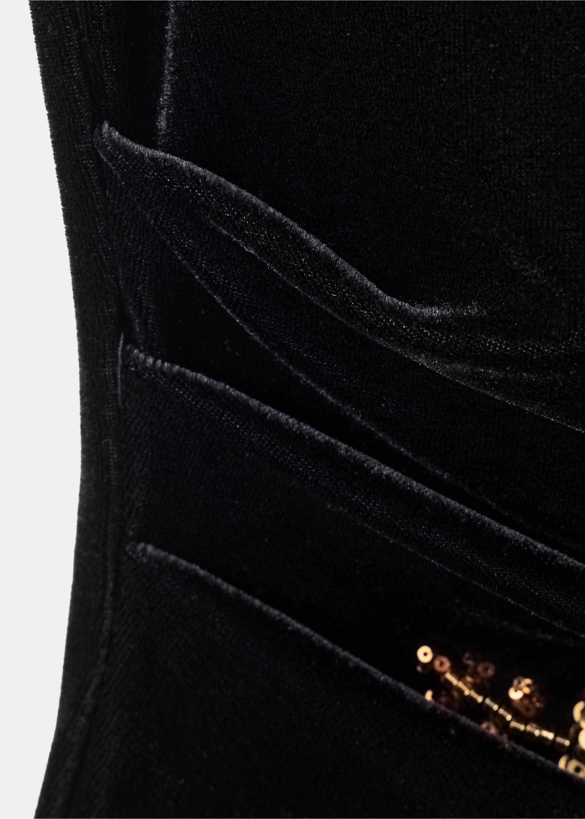 Close-up of a black velvet top fabric detail., Black. Ref: 37029128-00.