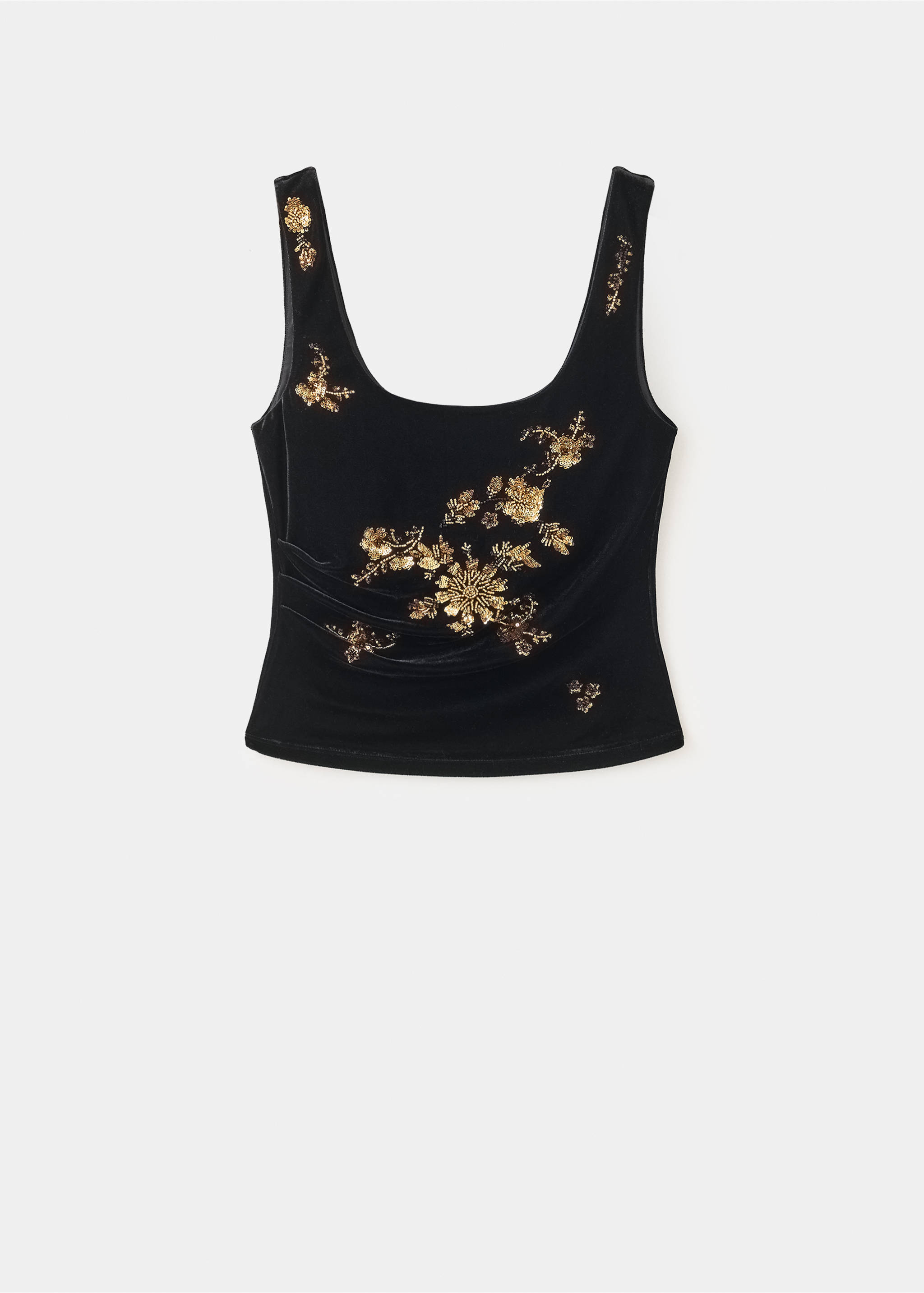 Black velvet top with a scoop neckline and gold floral embroidery., Black. Ref: 37029128-00.