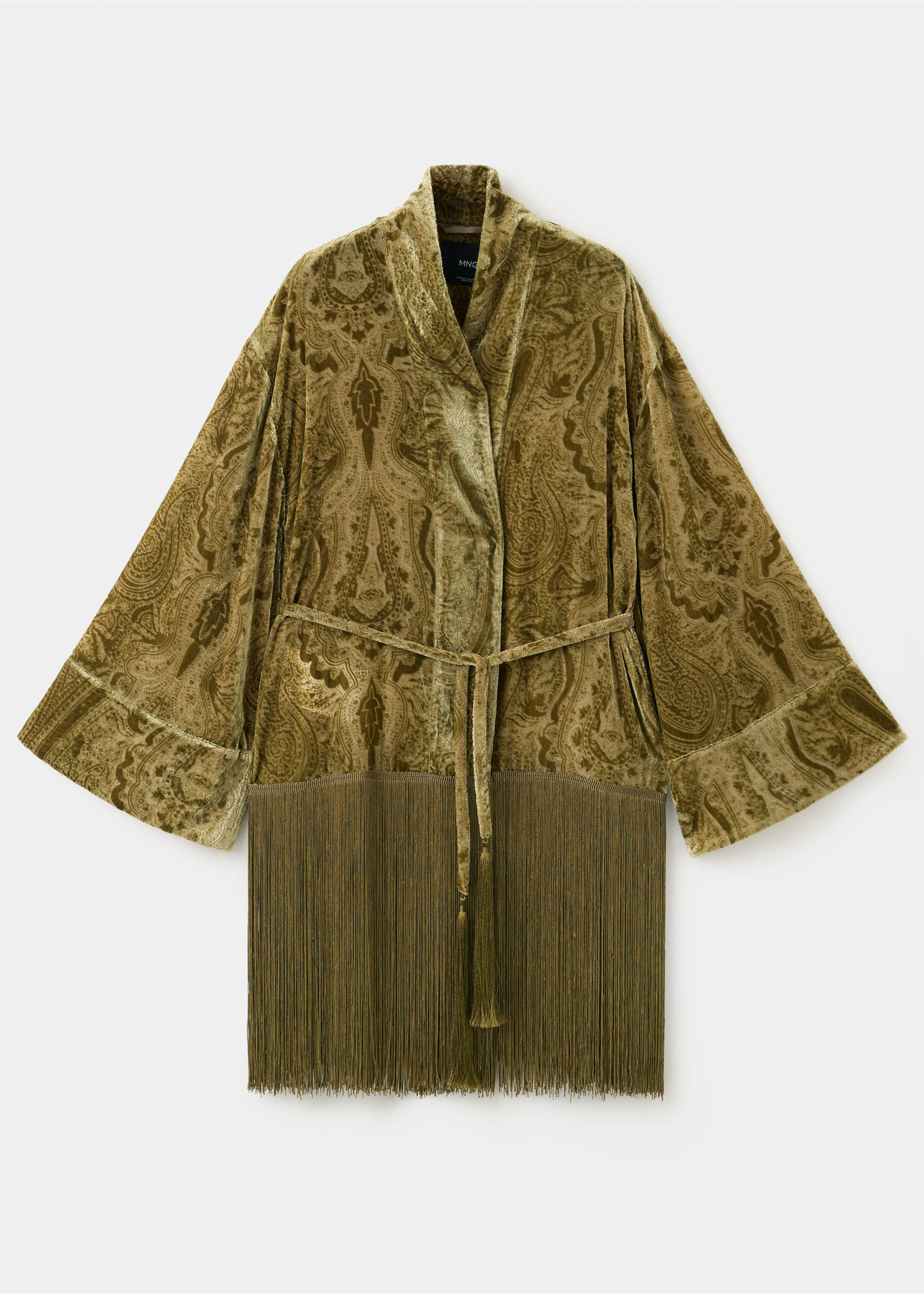 Olive green velvet paisley poncho with a shawl collar, tie belt, and long fringe hem., Green. Ref: 37029129-00.