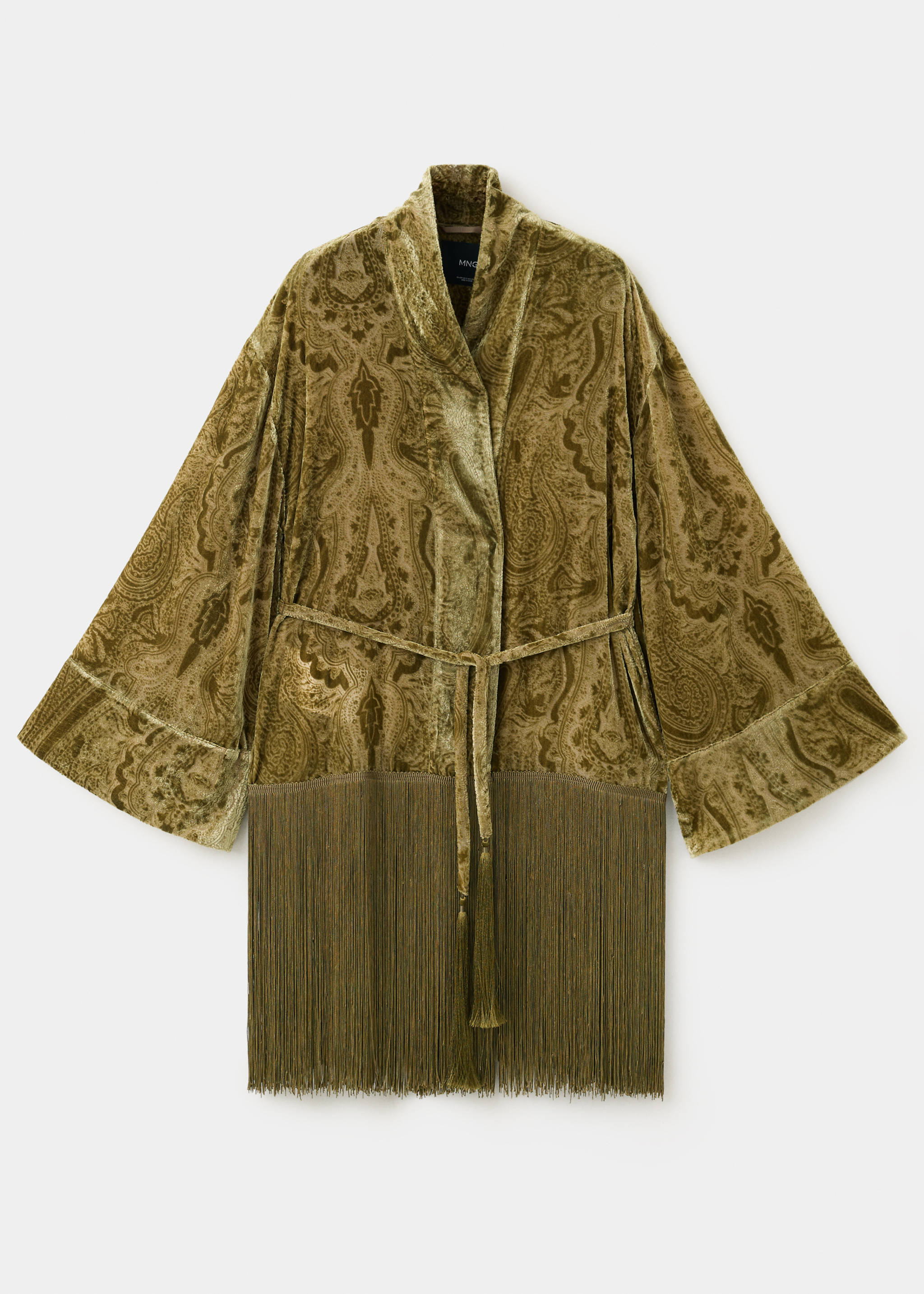 Olive green velvet paisley poncho with a shawl collar, tie belt, and long fringe hem.