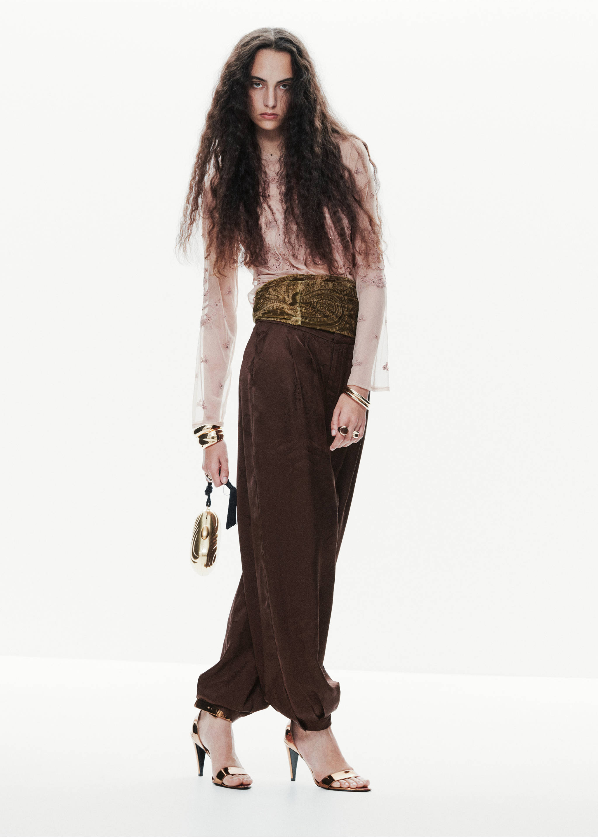 Pantalon jogger en jacquard - Plan général, Marron. Ref: 37029130-00.