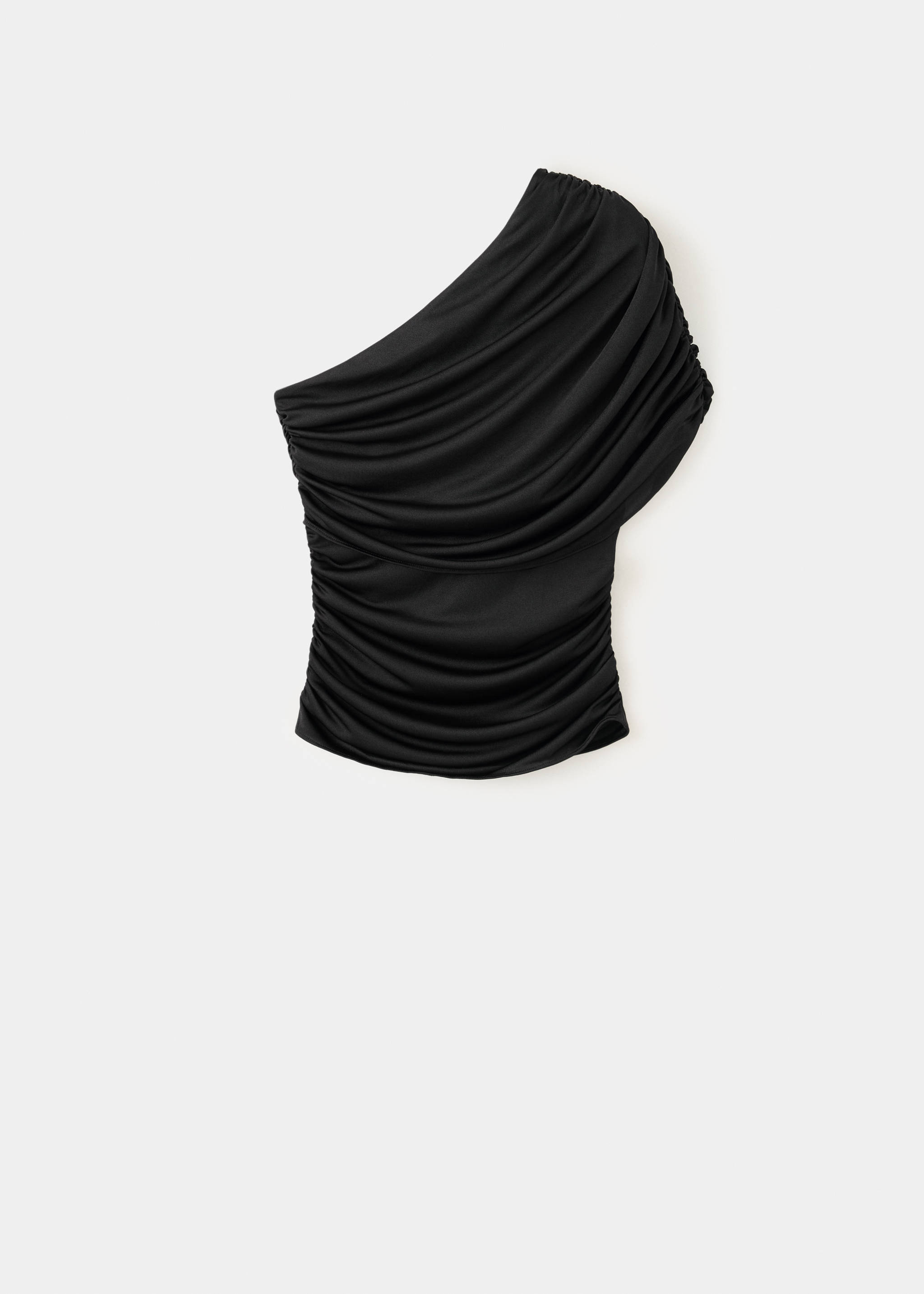 Black one-shoulder top with draped ruching.