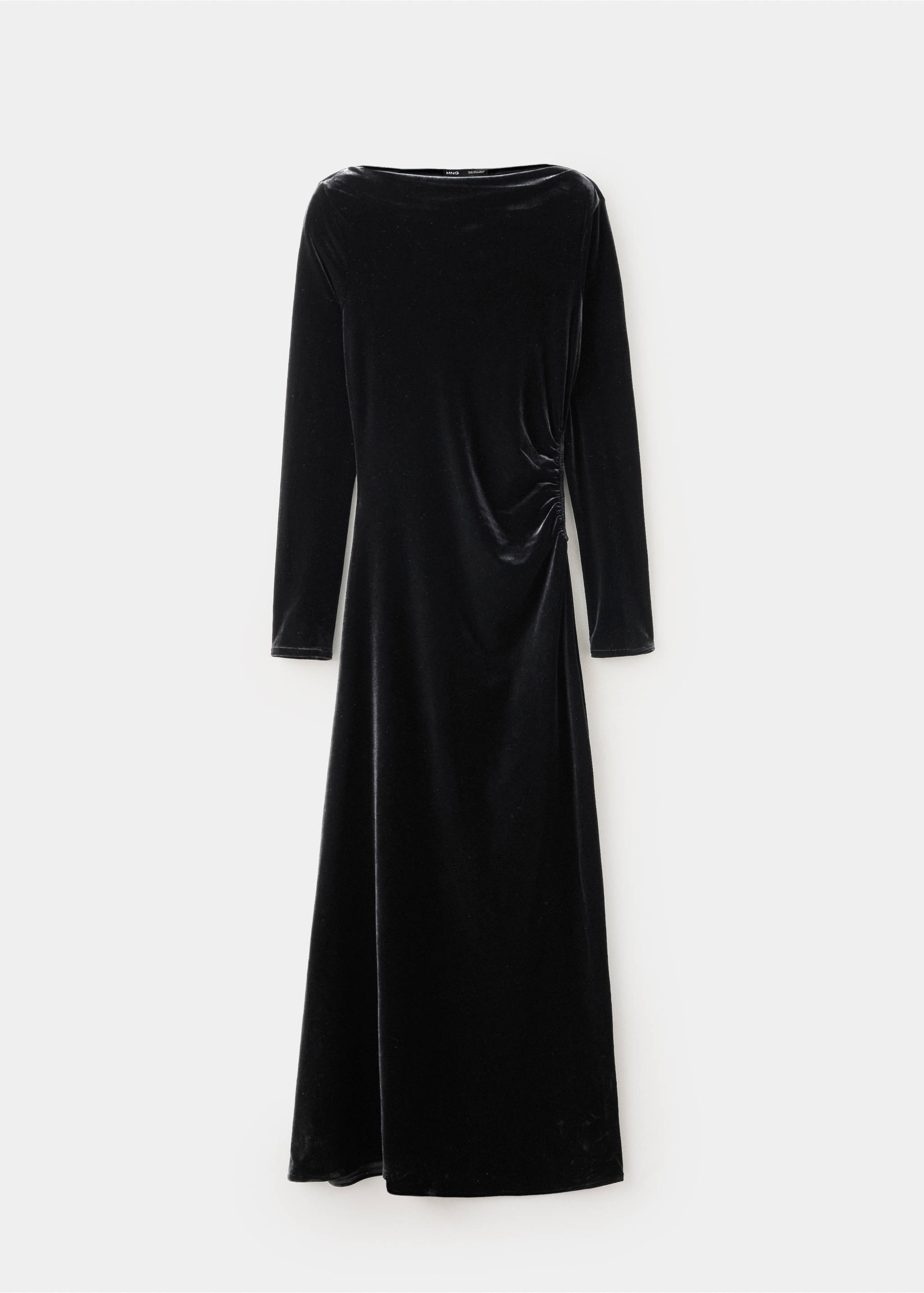 Black velvet long-sleeved dress with boat neck and side gathering., Black. Ref: 37029133-00.