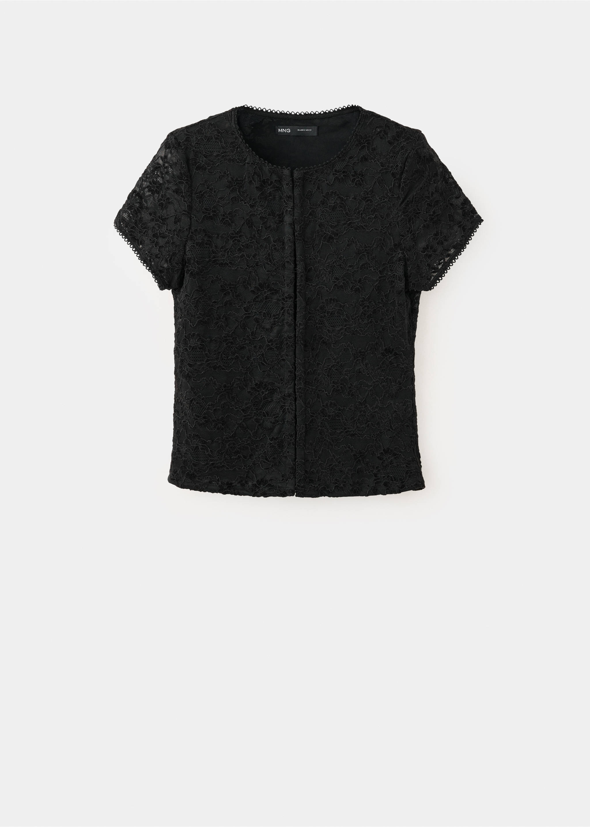 Black floral lace short-sleeved top with a round scalloped neckline., Black. Ref: 37029134-00.