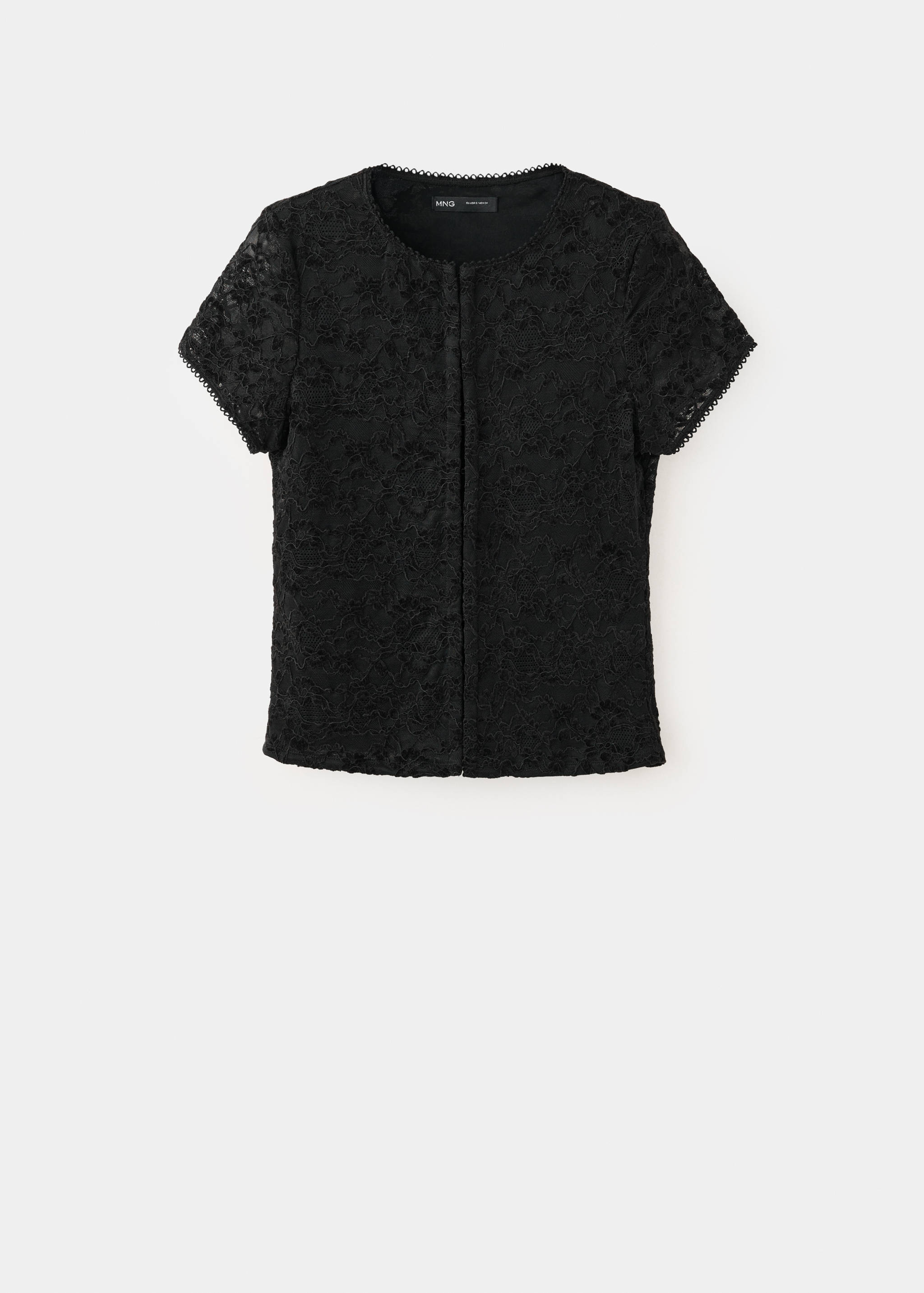 Black floral lace short-sleeved top with a round scalloped neckline.