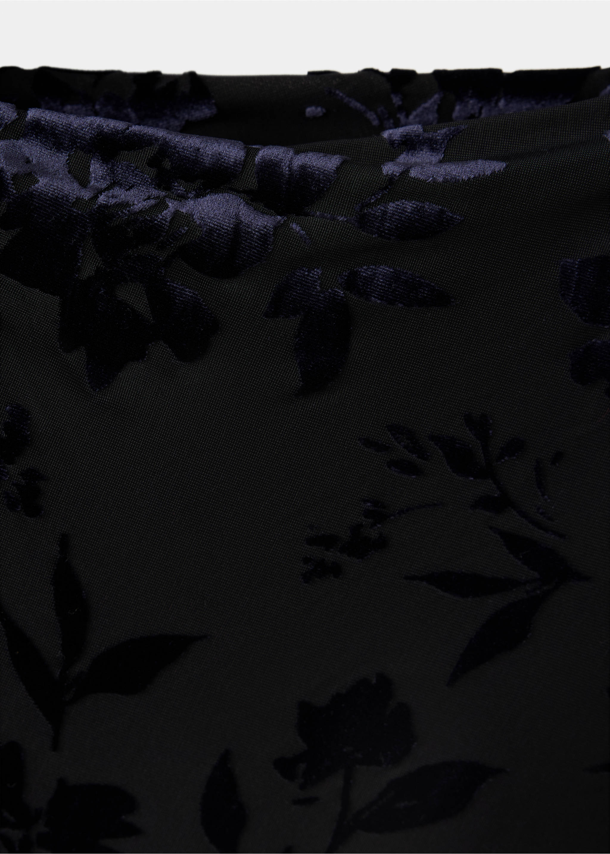 Close-up of a black dress with a dark blue burnout floral velvet pattern., Black. Ref: 37029136-00.