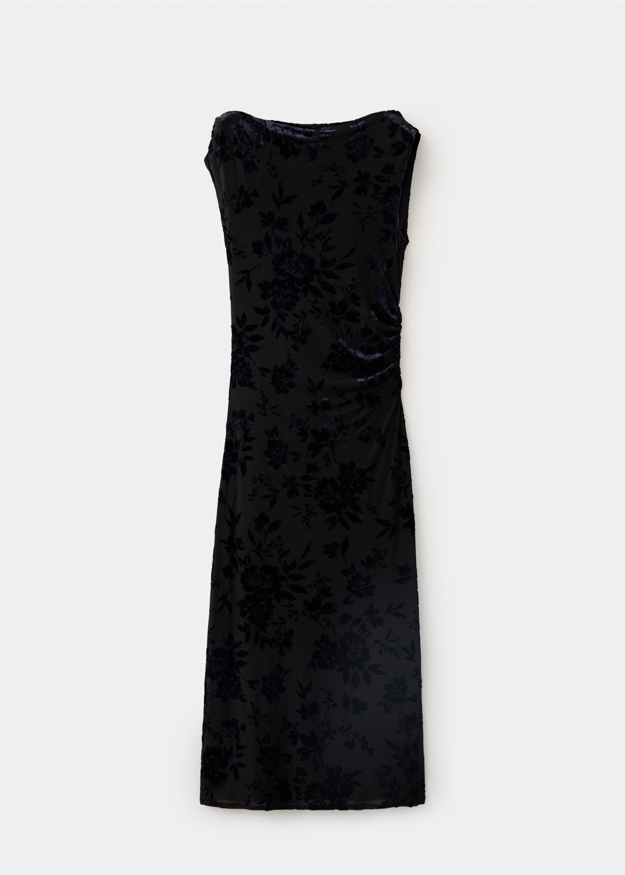 Navy blue velvet midi dress with cowl neck and ruching., Black. Ref: 37029136-00.